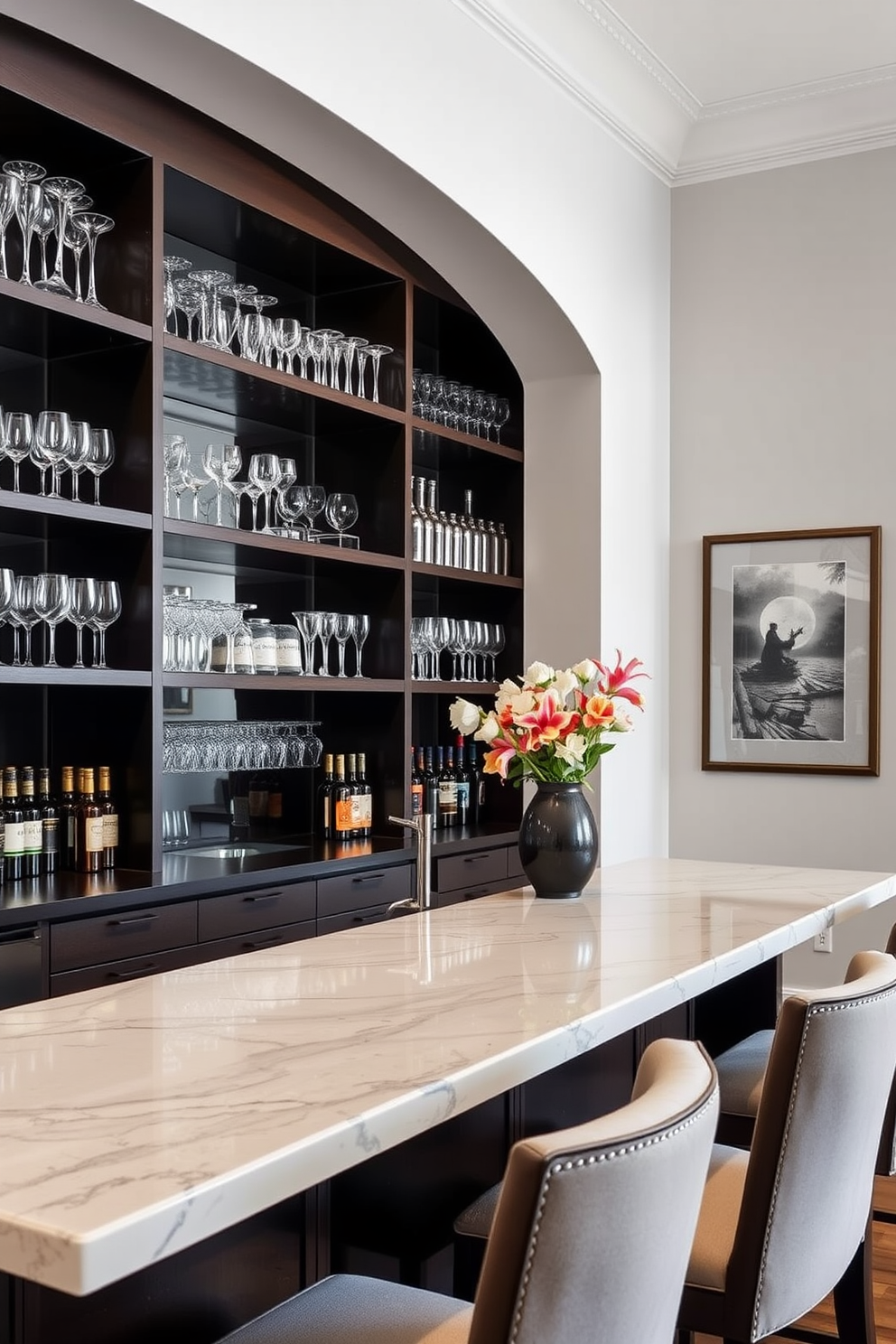 Open shelving is elegantly arranged to display a selection of glassware and bottles, creating a welcoming atmosphere for entertaining. The bar area features a sleek countertop made of polished quartz, complemented by stylish bar stools with soft upholstery.