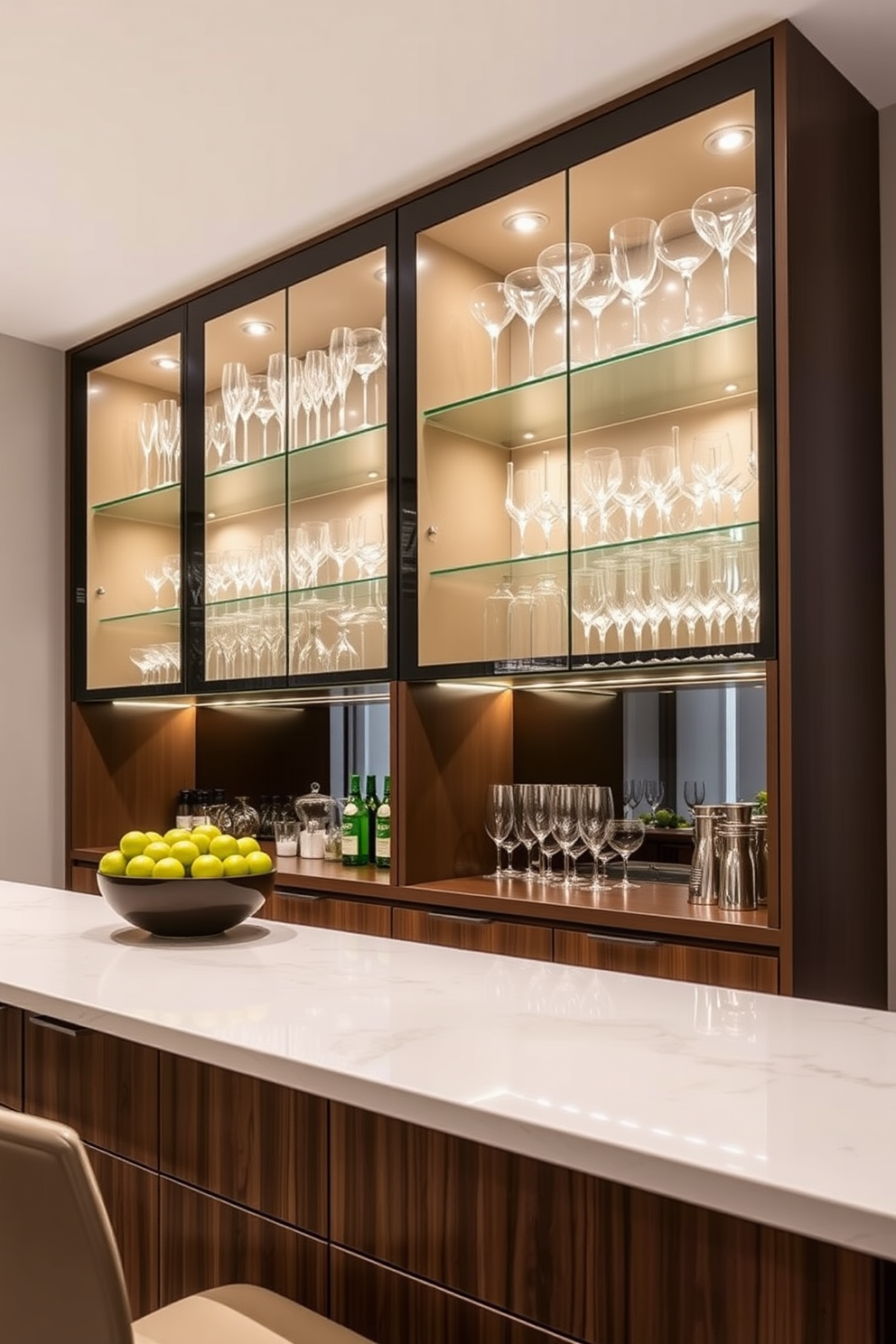 A contemporary kitchen bar design featuring sleek black cabinetry and gold accents. The bar area includes high stools with black leather upholstery and gold metal legs, creating a sophisticated and inviting atmosphere.