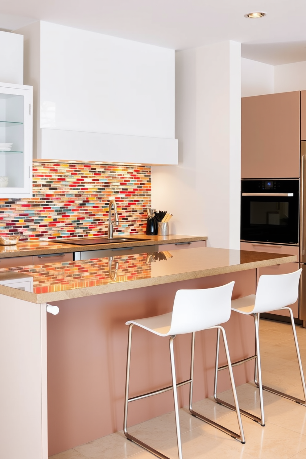 A vibrant kitchen bar area featuring a colorful tile backsplash that adds a pop of visual interest. The bar is designed with sleek modern stools and a polished countertop, creating an inviting space for gatherings.