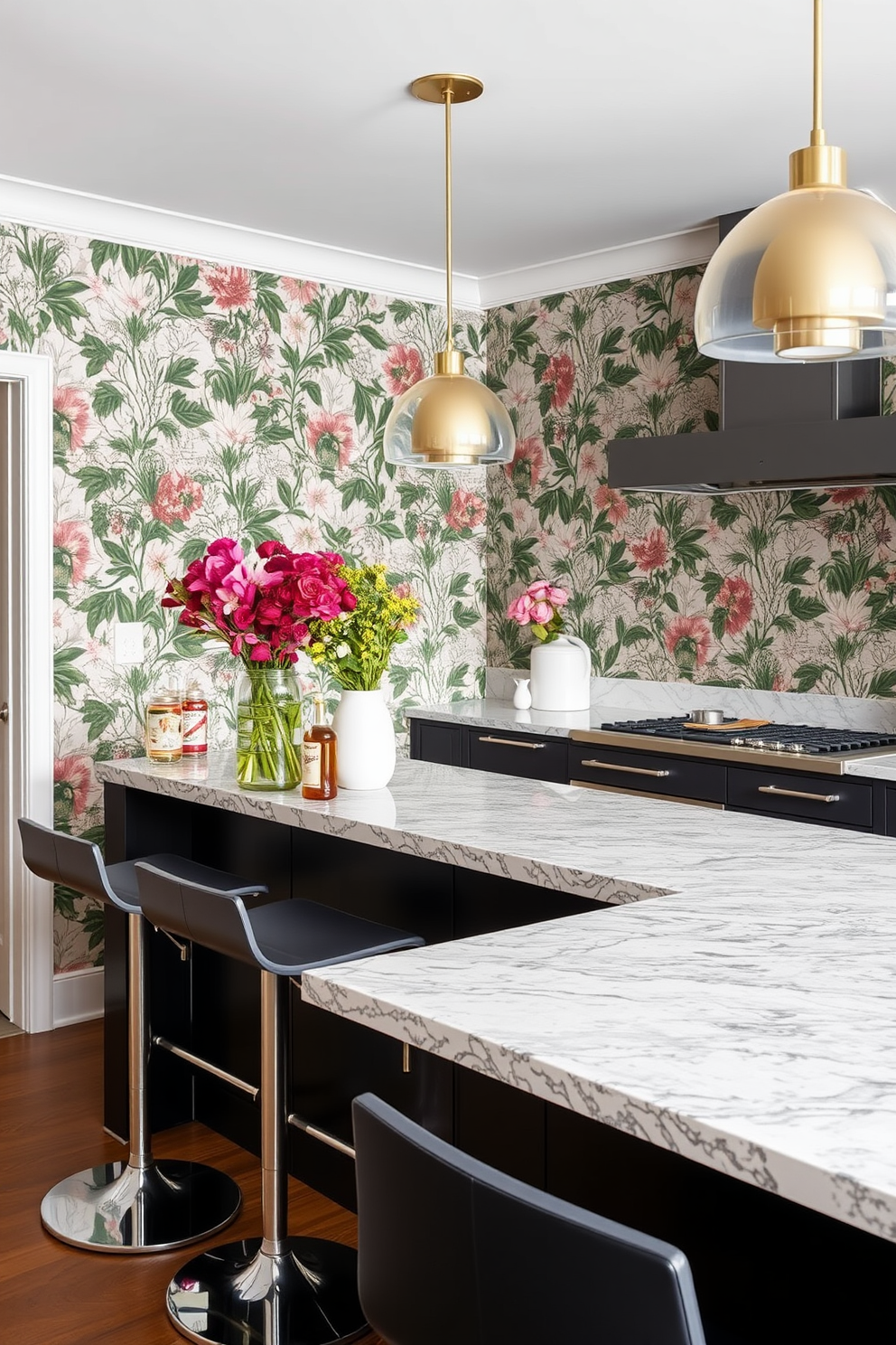 A stylish kitchen bar area features bold wallpaper that adds a vibrant touch to the space. The bar is equipped with sleek high stools and a polished countertop that complements the wallpaper design.