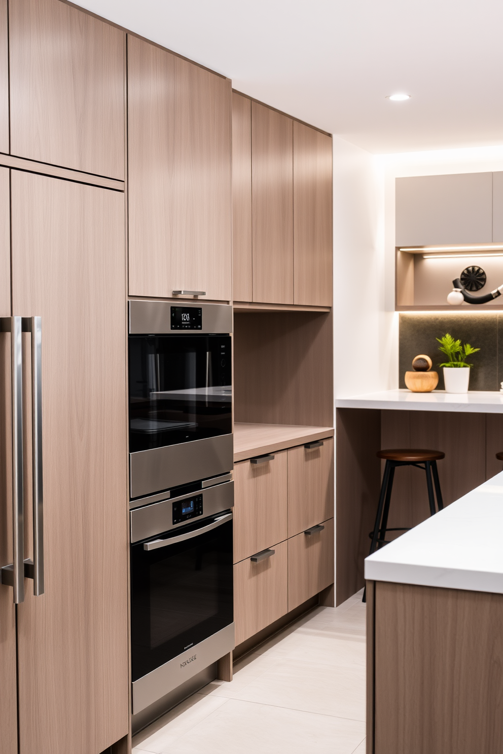 A sleek modern kitchen bar features smooth white cabinetry with minimalist handles and a polished quartz countertop. LED strip lighting illuminates the underside of the bar, creating a warm ambiance and highlighting stylish bar stools with chrome accents.