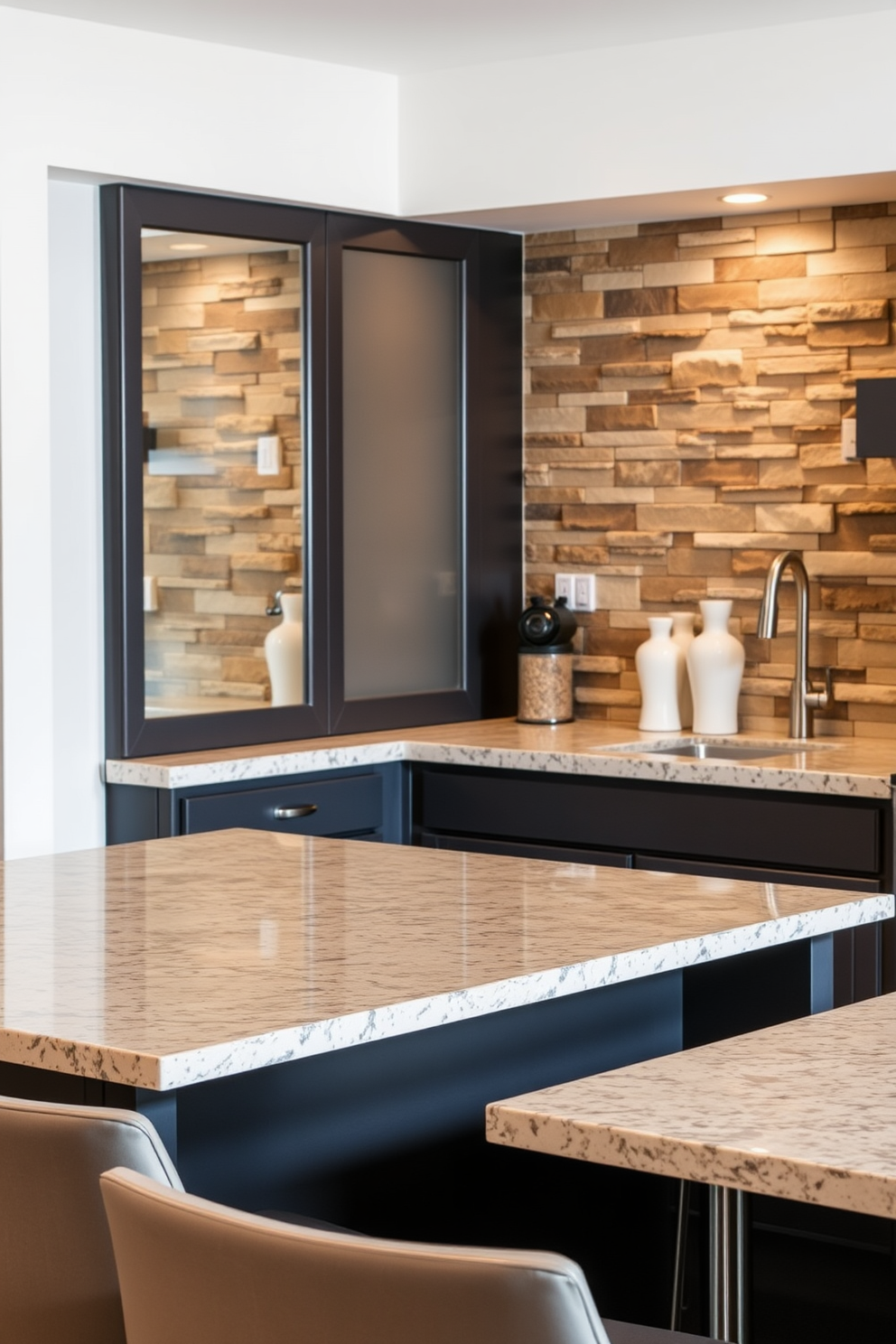 A contemporary kitchen bar featuring natural stone accents. The bar top is made of polished granite with subtle veining, complemented by sleek bar stools in a muted color palette. The backsplash showcases a mosaic of natural stone tiles, adding depth and interest to the space. Warm lighting highlights the textures, creating an inviting atmosphere for entertaining guests.