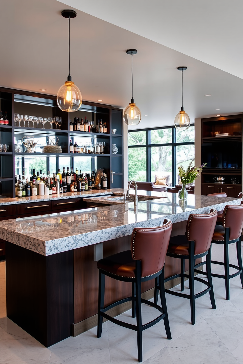 A sleek kitchen bar features an elegant marble backsplash that adds a touch of luxury to the space. The bar is complemented by stylish bar stools with plush upholstery, creating a cozy yet sophisticated atmosphere.