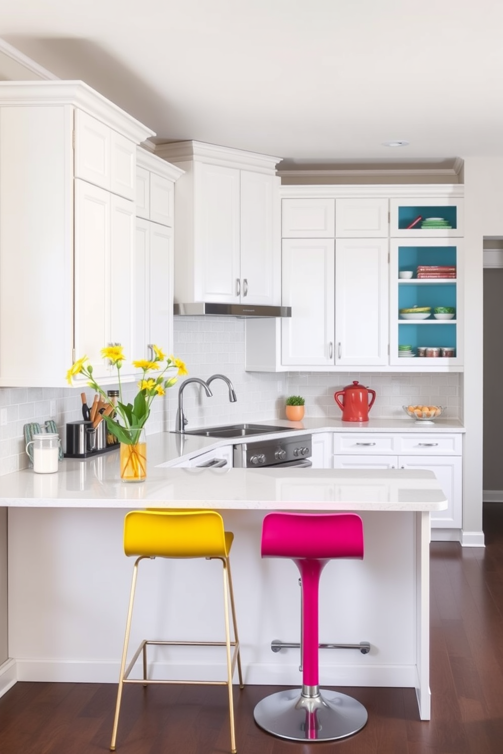 Bright white cabinetry with colorful accents creates a vibrant and inviting kitchen space. The bar area features sleek stools in bold hues, complementing the cabinetry and enhancing the overall aesthetic.