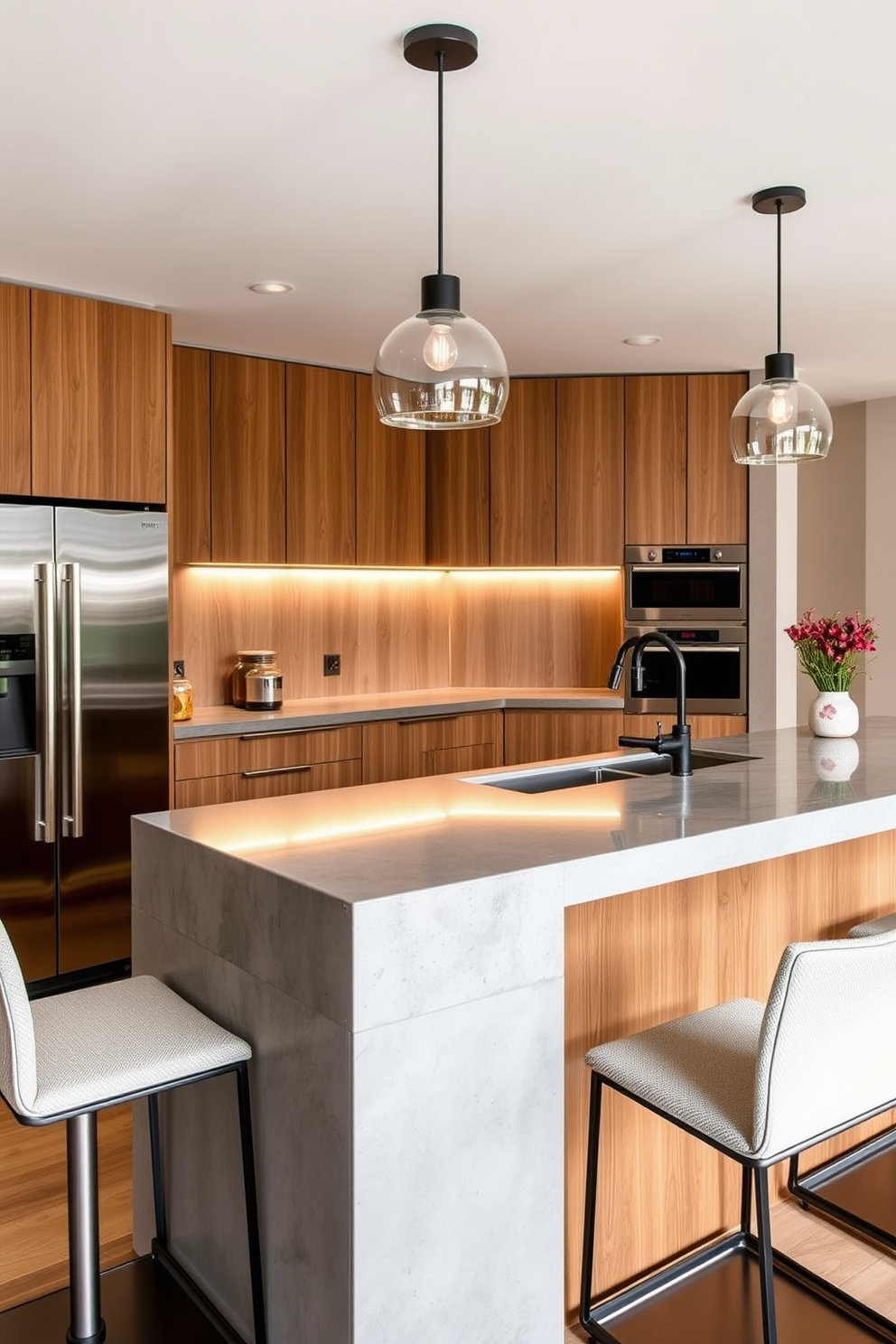 A sleek modern kitchen bar features a polished concrete countertop that contrasts with the warm wood cabinetry below. Sleek stainless steel appliances are seamlessly integrated into the design, enhancing the contemporary aesthetic. The bar area includes minimalist bar stools with clean lines and a neutral upholstery that complements the overall color scheme. Ambient lighting fixtures hang above, casting a warm glow and creating an inviting atmosphere for entertaining.