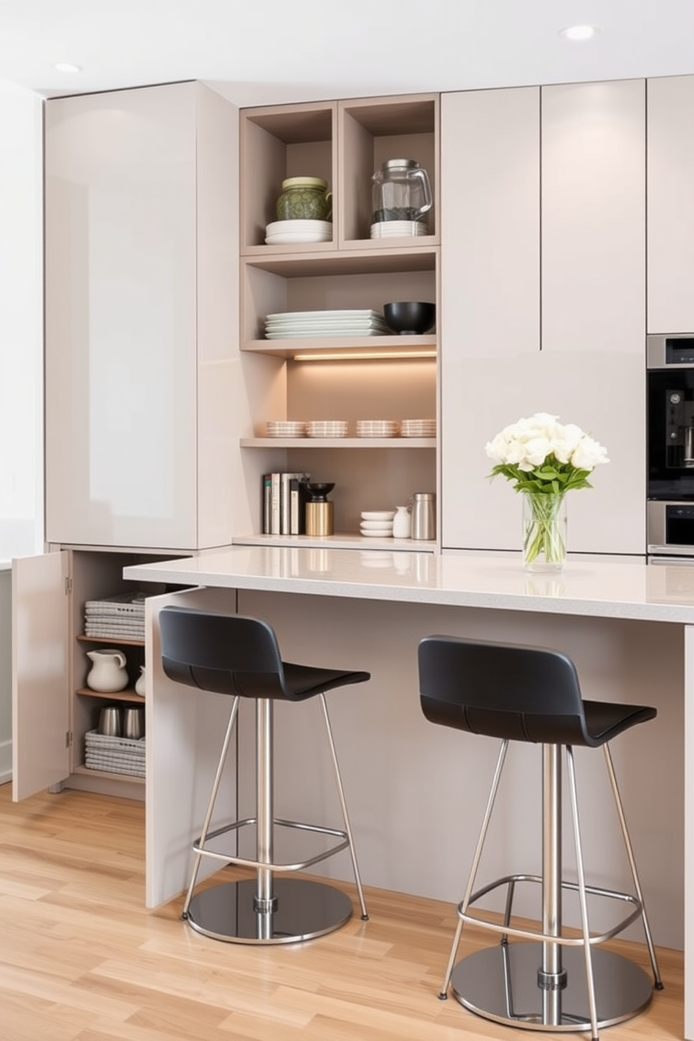 A sophisticated kitchen bar design featuring rich dark wood cabinetry with elegant brass fixtures. The bar area includes high-backed stools upholstered in a luxurious fabric, complemented by warm ambient lighting that creates an inviting atmosphere.