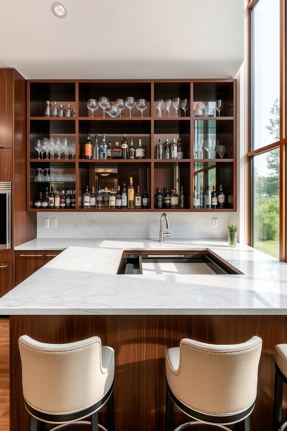 A stylish bar area featuring a sleek countertop made of polished granite, with high-backed stools arranged around it. Large windows provide a panoramic view of the outdoors, allowing natural light to flood the space and creating a seamless connection with nature. The cabinetry is crafted from rich, dark wood, contrasting beautifully with the light tones of the walls. Decorative glass shelves display an array of spirits and glassware, enhancing the sophisticated ambiance of the kitchen bar design.