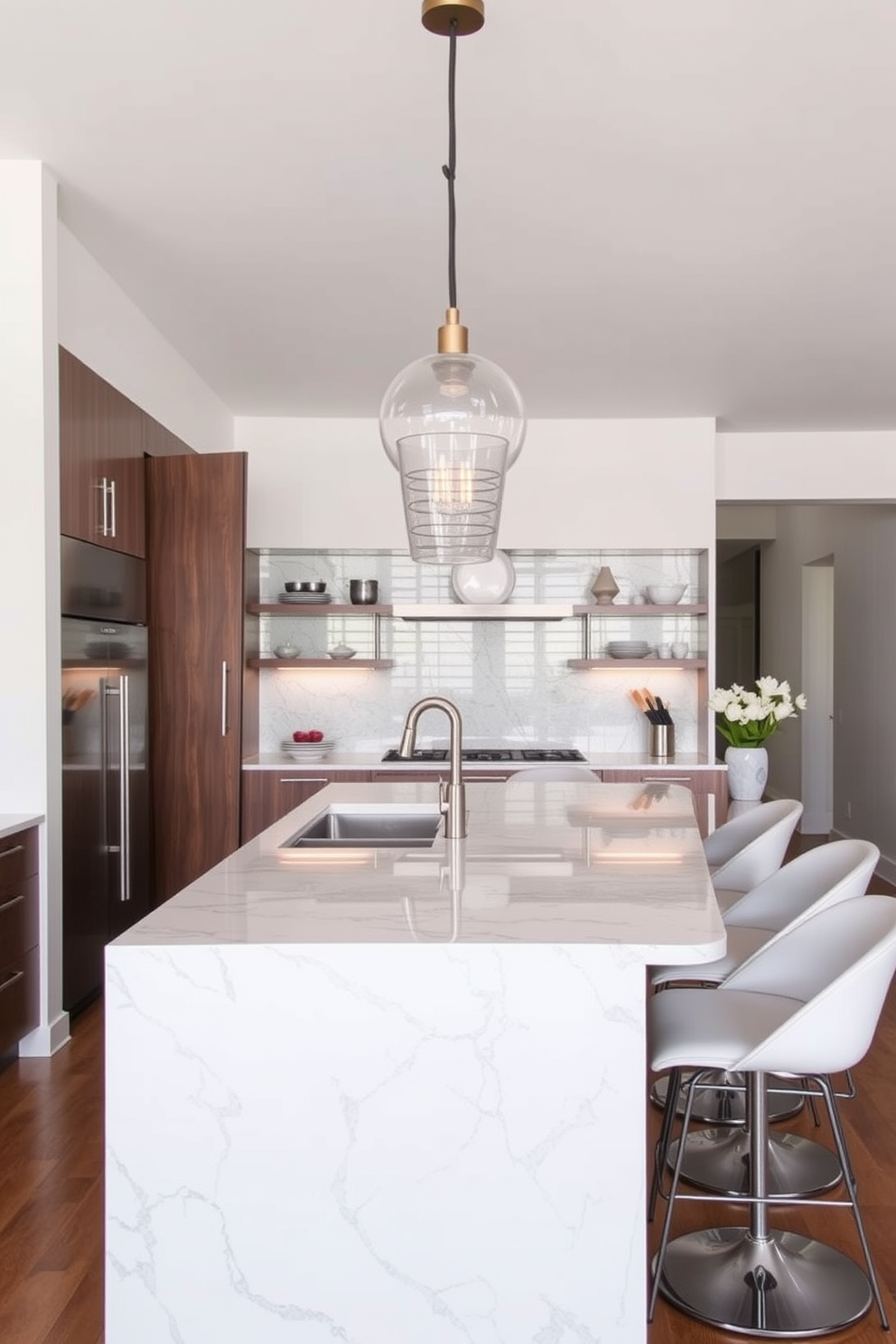 A luxurious art deco inspired bar featuring bold geometric patterns and rich materials. The bar counter is adorned with a polished black marble top, complemented by gold accents and intricate detailing on the cabinetry.