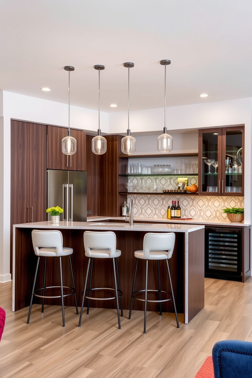 A modern kitchen bar designed for entertaining guests features a sleek island with high stools arranged around it. The cabinetry is a mix of dark wood and white finishes, complemented by pendant lighting that creates a warm ambiance. The bar area includes a built-in wine cooler and shelves displaying an array of glassware. A stylish backsplash in a geometric pattern adds a contemporary touch, while the overall color scheme combines neutral tones with pops of vibrant accents.