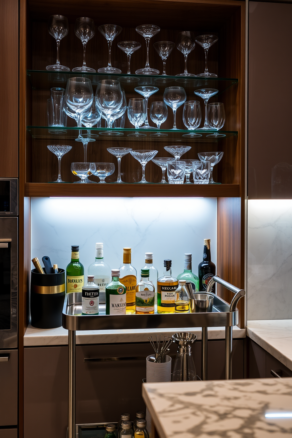 An elegant glassware display is arranged on a sleek wooden shelf, showcasing an assortment of crystal and colored glass pieces that catch the light beautifully. Below the shelf, a stylish bar cart holds an array of premium spirits and mixers, complemented by polished bar tools. The kitchen features a contemporary design with a marble countertop and minimalist cabinetry, creating a sophisticated backdrop for the glassware. Soft under-cabinet lighting enhances the ambiance, making the space inviting for entertaining guests.