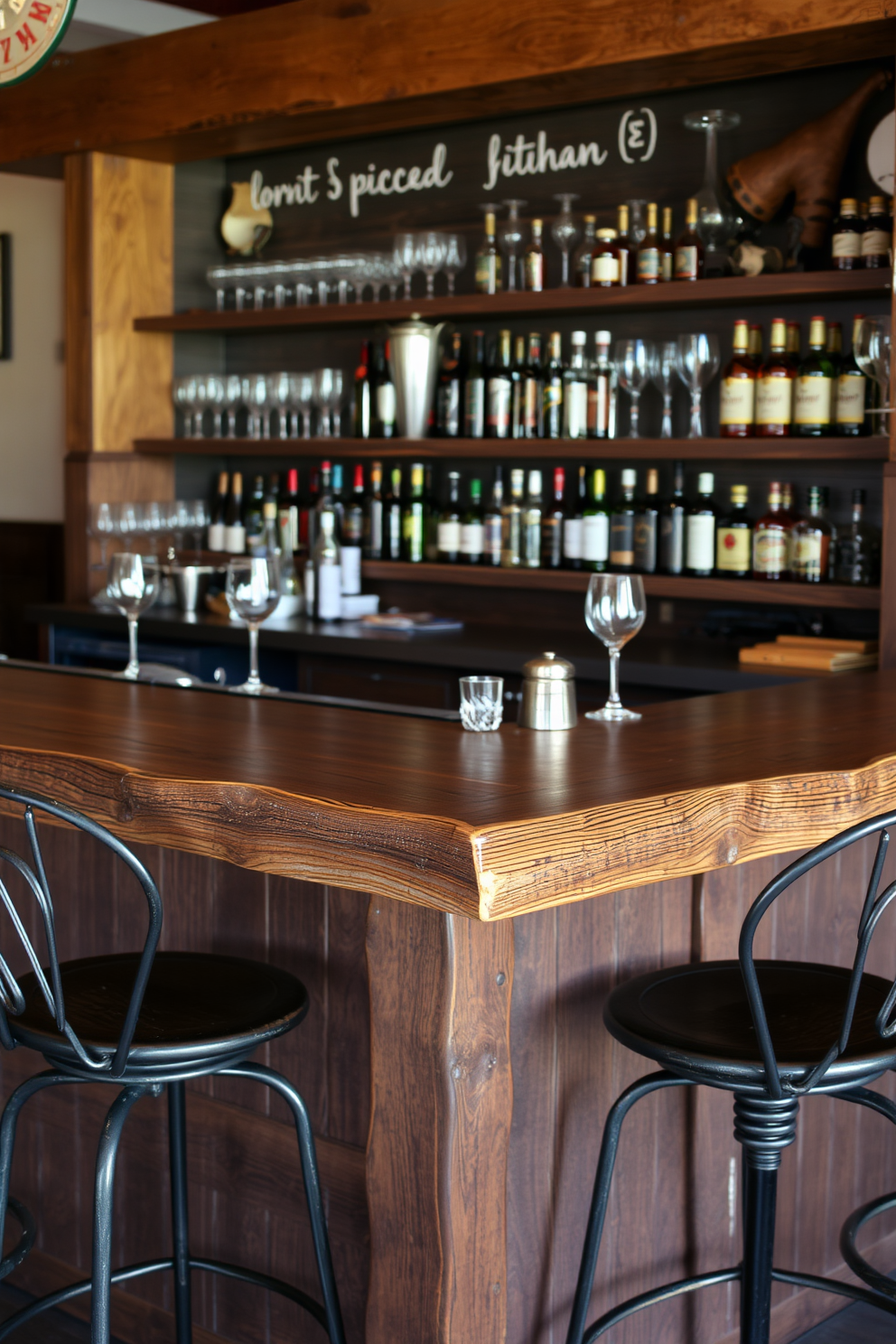 A rustic wood bar features a rich, textured surface complemented by high stools made of wrought iron. The bar is adorned with vintage glassware and a selection of artisanal spirits, creating an inviting atmosphere for casual gatherings.