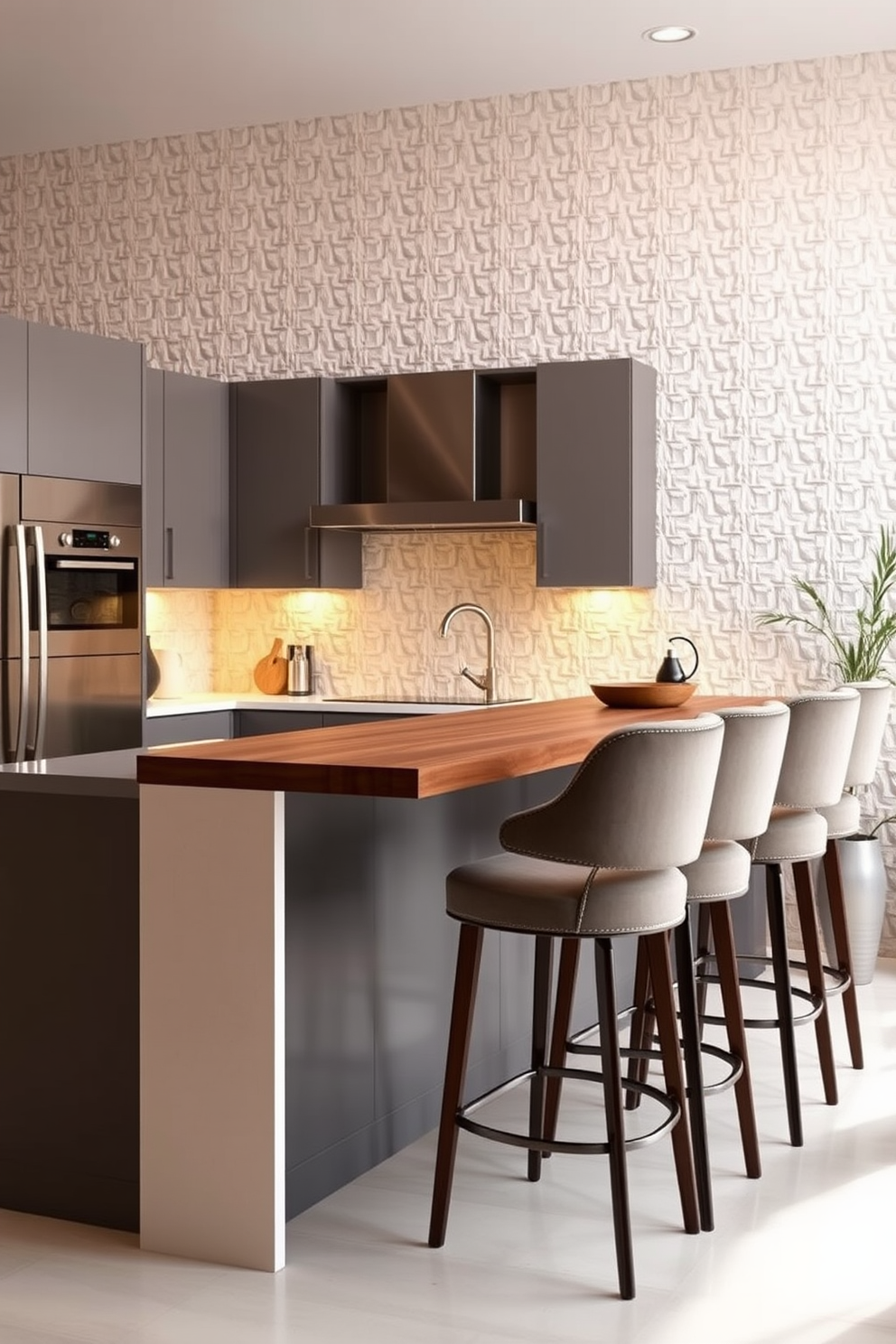 A Scandinavian style kitchen bar featuring light wood cabinetry and open shelving. The bar is adorned with minimalist bar stools, and soft natural light fills the space through large windows.