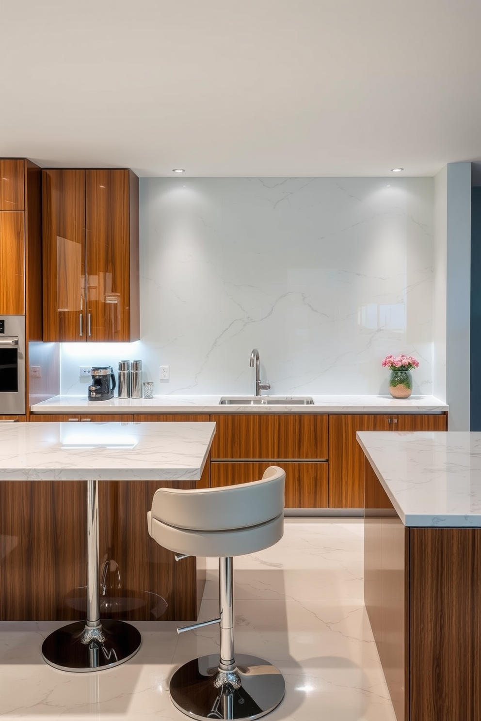 A modern kitchen bar area features sleek floating shelves made of polished wood, showcasing an array of stylish glassware and decorative items. The bar itself is topped with a rich granite surface, complemented by high-backed stools in a vibrant fabric, creating an inviting space for gatherings.