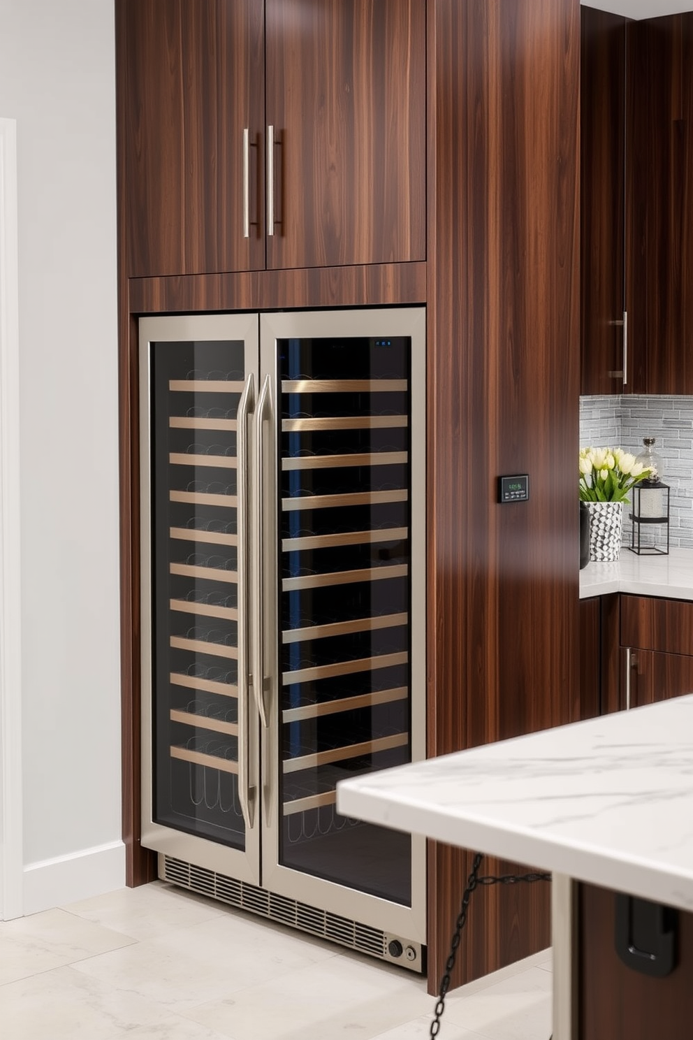 A modern kitchen bar featuring a built-in wine cooler seamlessly integrated into the cabinetry. The bar area includes sleek countertops and stylish bar stools, creating an inviting space for entertaining.