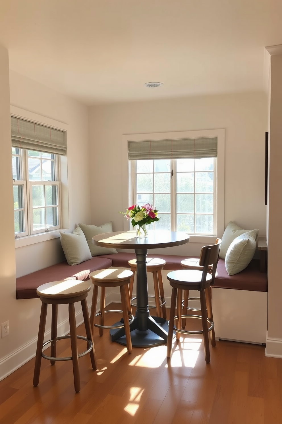 Cozy breakfast nook featuring a bar height table surrounded by comfortable stools. The space is illuminated by natural light streaming in through large windows, creating an inviting atmosphere. The walls are painted in a soft pastel color, complementing the warm wooden accents of the table and stools. A small centerpiece of fresh flowers adds a charming touch to the table, enhancing the cozy vibe.