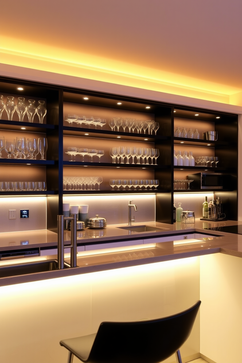 A modern kitchen bar with sleek under-counter lighting that creates a warm and inviting ambiance. The bar features a polished countertop with high stools and a backdrop of stylish open shelving displaying elegant glassware.