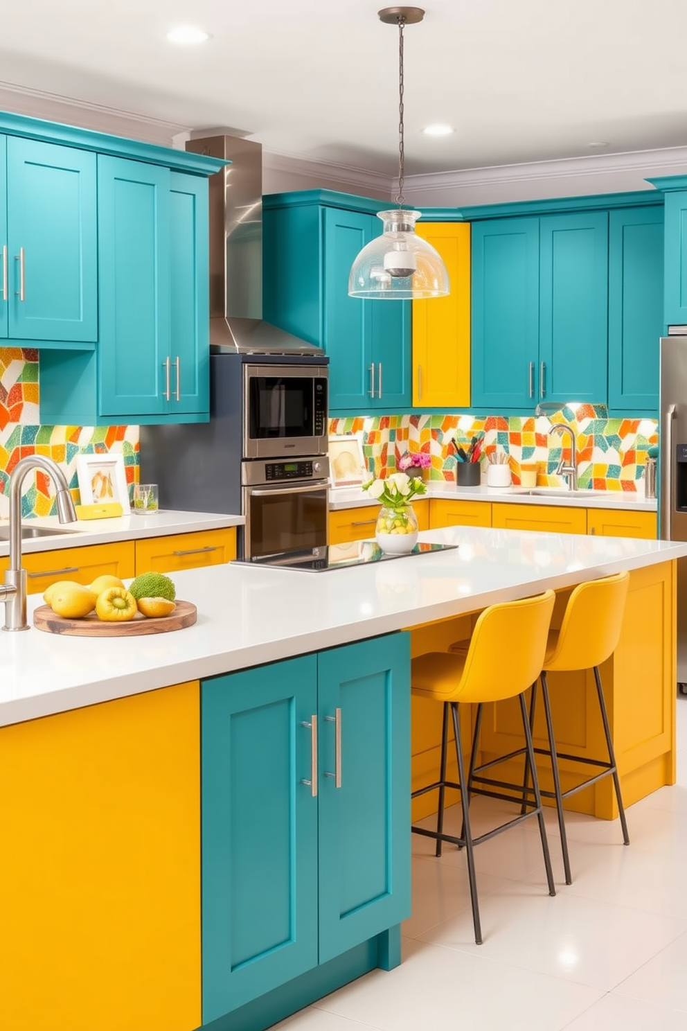 A vibrant kitchen setting featuring bold colored cabinets in shades of teal and mustard yellow. The cabinets are paired with a sleek white countertop and modern stainless steel appliances for a fresh look. The backsplash is adorned with colorful geometric tiles that complement the cabinet colors. A large island with bar stools provides a functional space for cooking and entertaining.