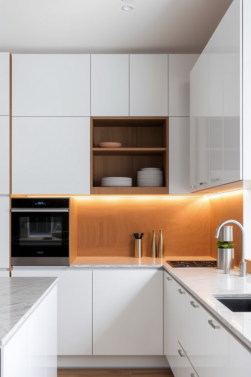 A modern kitchen featuring floating cabinets that create an open and airy feel. The cabinets are sleek and handleless, finished in a soft matte white that contrasts beautifully with the warm wood accents throughout the space. The countertops are a polished quartz with subtle veining, providing a luxurious touch. Under-cabinet lighting illuminates the workspace, enhancing the functionality and ambiance of the kitchen.