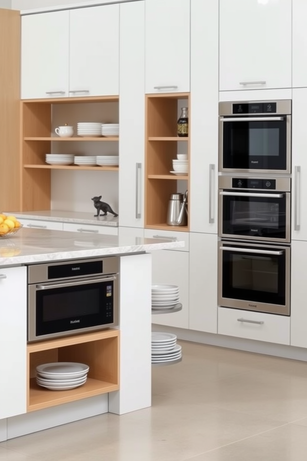 A modern kitchen featuring integrated appliances that blend seamlessly into the cabinetry. The cabinets are finished in a sleek matte white, with minimalist handles and a soft-close mechanism. The kitchen island is large and functional, topped with a beautiful quartz countertop that contrasts with the cabinetry. Underneath, there are open shelves displaying elegant dishware and decorative items, adding warmth to the contemporary design.