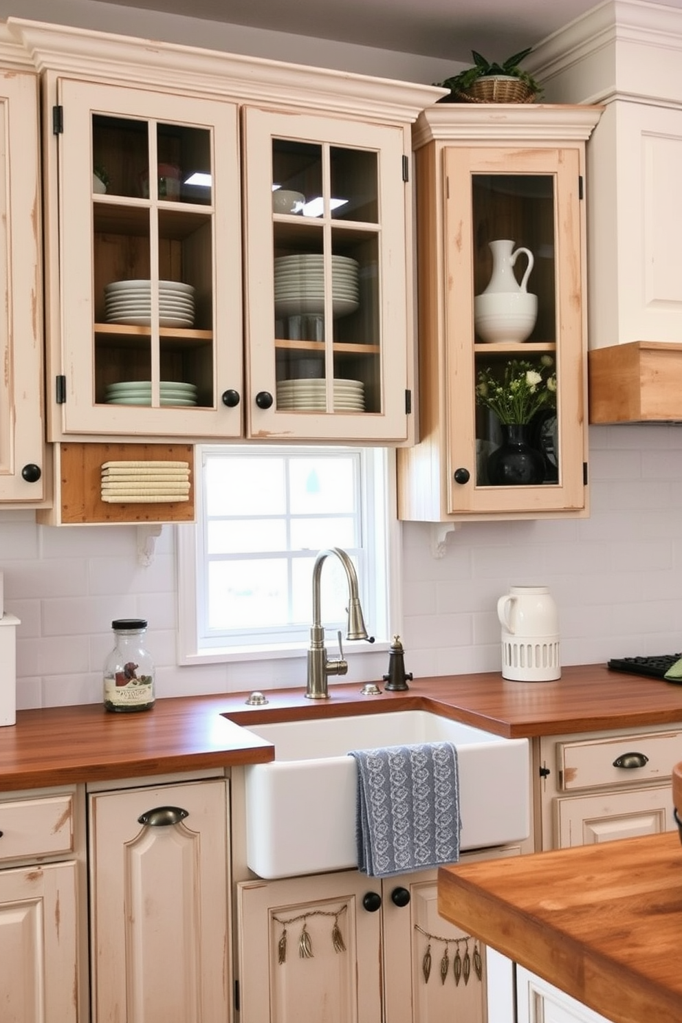 Farmhouse style cabinets with vintage charm create a warm and inviting atmosphere in the kitchen. These cabinets feature distressed wood finishes, open shelving, and decorative hardware that enhance the rustic appeal. The color palette includes soft whites and muted pastels, complemented by natural wood tones. A farmhouse sink and vintage-inspired fixtures complete the design, making the kitchen both functional and aesthetically pleasing.