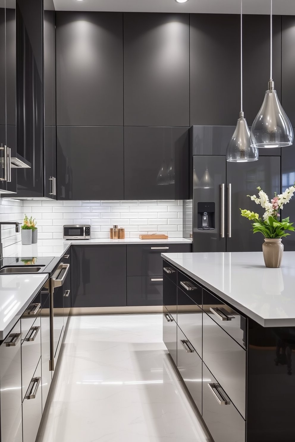 A sleek kitchen featuring high-gloss cabinets with a modern aesthetic. The cabinets are complemented by minimalist hardware and a seamless countertop that enhances the contemporary vibe. The backsplash is a glossy subway tile that reflects light beautifully throughout the space. A spacious island with bar seating provides both functionality and a social atmosphere for family and friends.