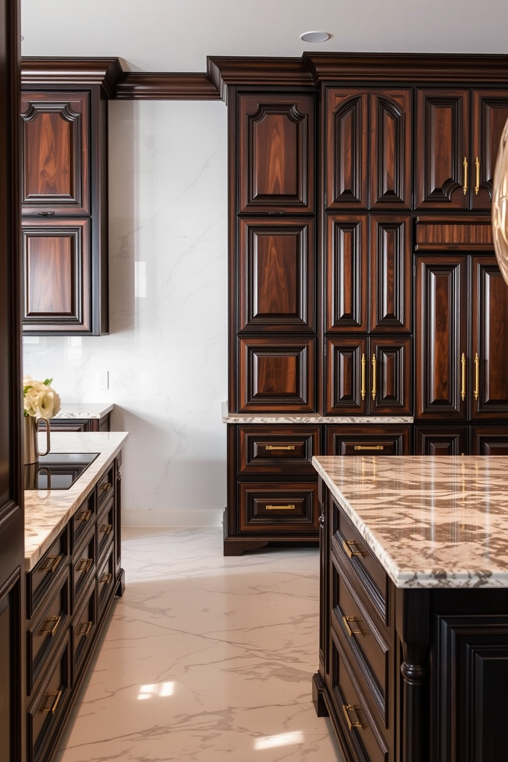 Luxe cabinetry featuring rich dark wood with intricate detailing and gold hardware accents creates a stunning focal point in the kitchen. The cabinets are complemented by a marble backsplash and a spacious island topped with a polished granite surface.