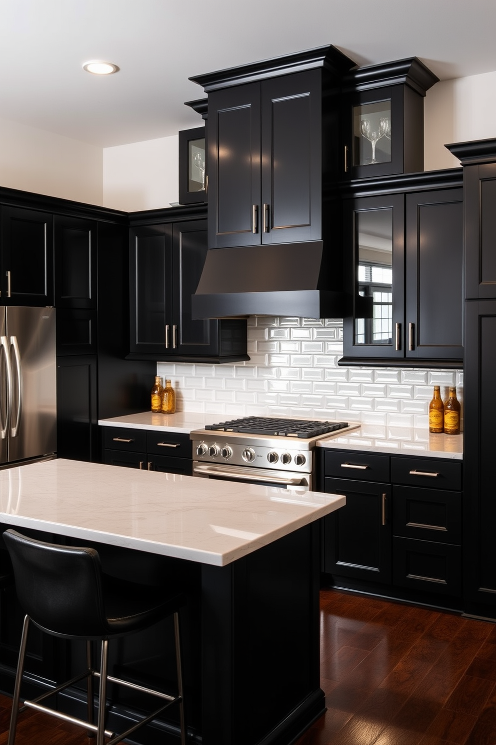 A striking kitchen design featuring dark cabinets that create a bold and dramatic atmosphere. The cabinets are complemented by sleek stainless steel appliances and a contrasting light-colored countertop that enhances the overall elegance of the space. The backsplash is adorned with glossy subway tiles that reflect light, adding depth and interest to the kitchen. A spacious island with bar seating is positioned in the center, providing both functionality and a social gathering spot for family and friends.