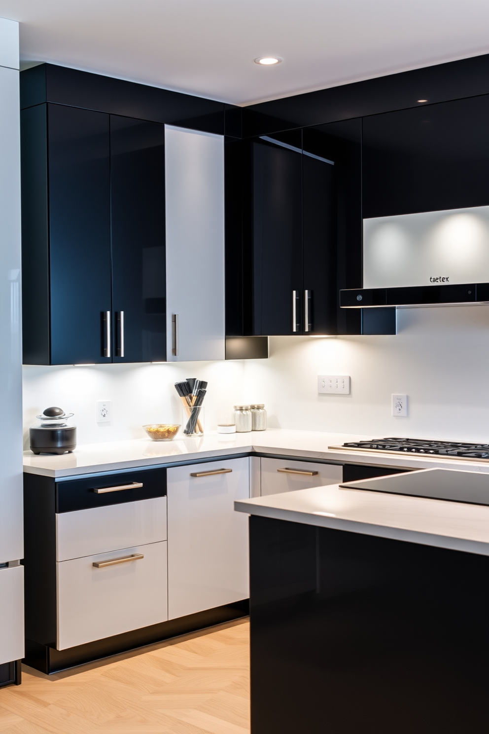 A modern kitchen featuring cabinetry with built-in lighting that highlights the sleek lines and finishes. The cabinets are a combination of matte black and glossy white, creating a striking contrast that enhances the overall aesthetic. The lighting is subtly integrated into the upper cabinets, casting a warm glow over the countertop. A large island with bar seating complements the cabinetry, providing both functionality and style.