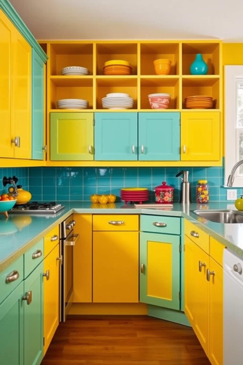 A vibrant kitchen featuring retro-inspired cabinets in playful shades of teal and sunny yellow. The cabinets are adorned with vintage-style hardware and open shelving displays colorful dishware, creating a cheerful and inviting atmosphere.