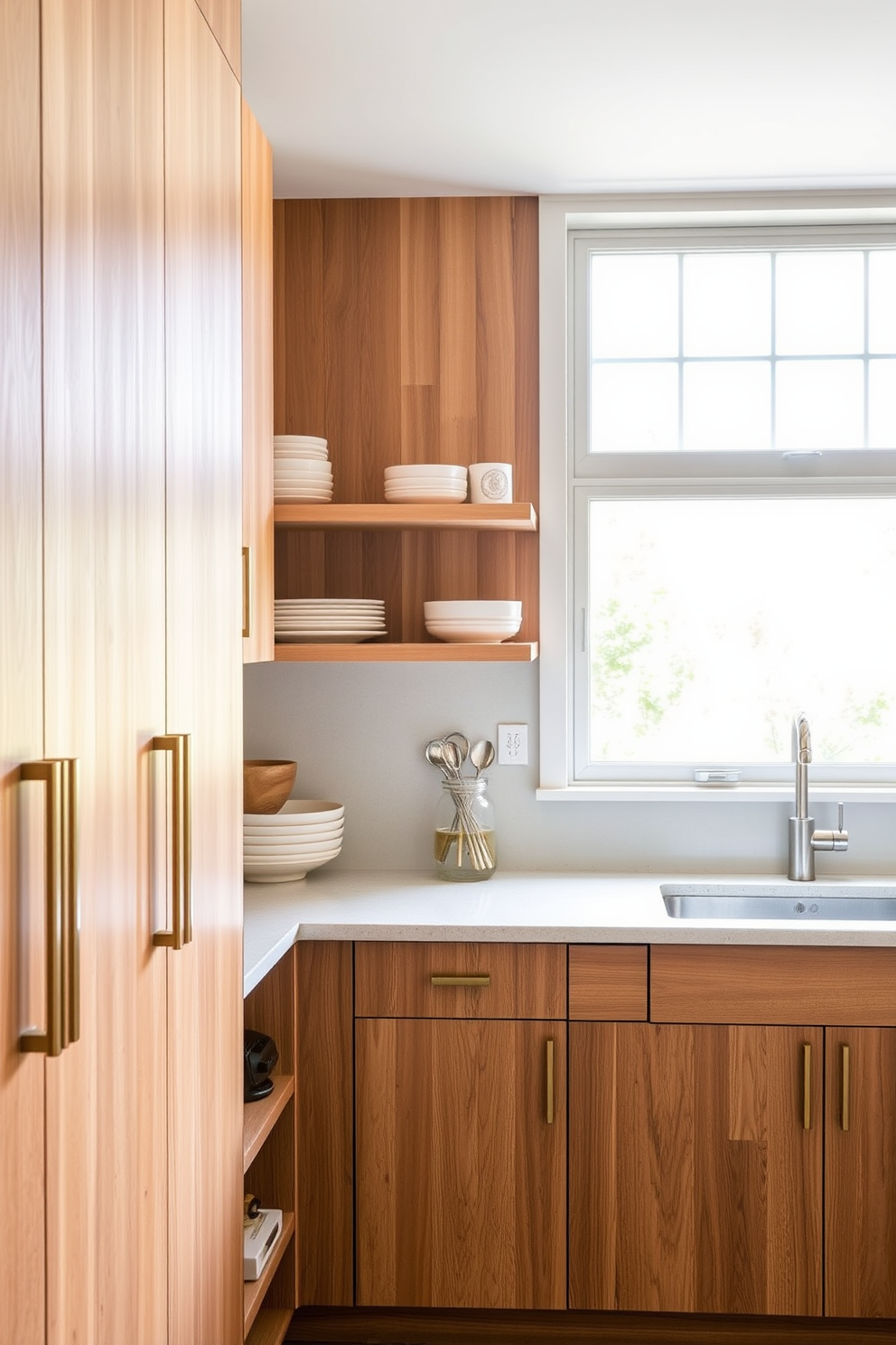 A modern kitchen featuring eco-friendly cabinets crafted from sustainable wood, showcasing a natural finish that highlights the wood grain. The cabinets are complemented by sleek, minimalist hardware and an open shelving unit displaying artisanal kitchenware. The countertop is made of recycled materials, providing a durable and stylish workspace. A large window above the sink allows natural light to flood the space, enhancing the warm tones of the wood cabinetry.