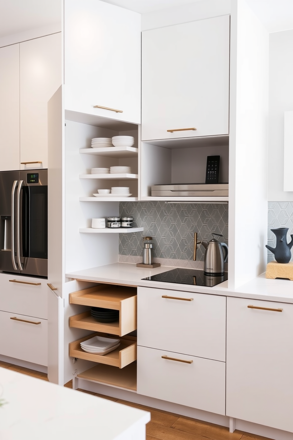 A modern kitchen featuring functional pull-out cabinets that maximize space and provide easy access to stored items. The cabinets are finished in a sleek white with brushed nickel handles, complementing the dark wood flooring and the marble backsplash. The central island includes additional pull-out drawers for utensils and cookware, enhancing organization and efficiency. Above the island, pendant lights cast a warm glow, creating an inviting atmosphere for cooking and entertaining.