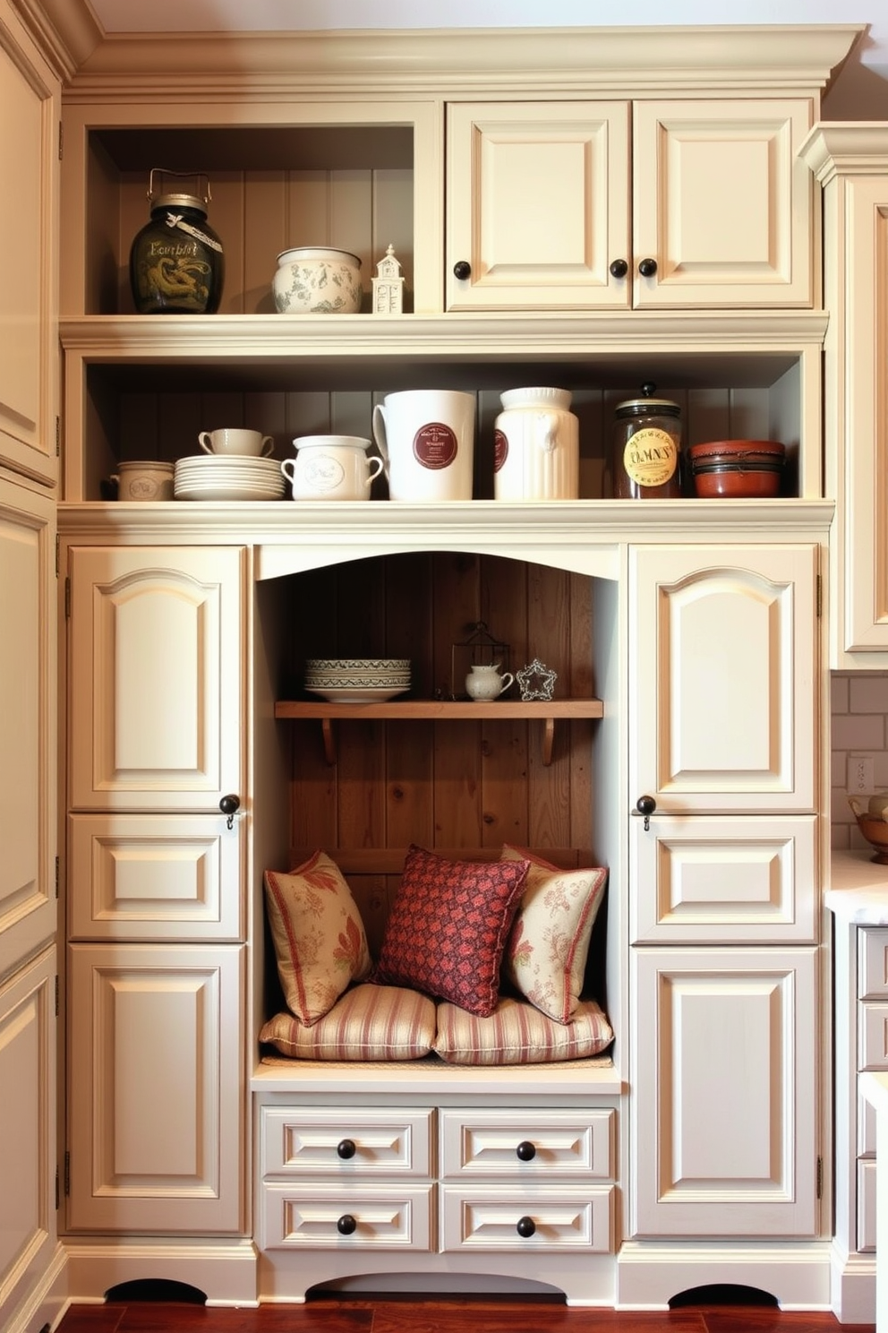 Cottage style cabinets create a warm and inviting atmosphere in the kitchen. The cabinets feature soft pastel colors and intricate detailing, complemented by vintage hardware for a charming finish. Open shelving above the cabinets displays rustic dishware and decorative jars. A cozy seating nook with plush cushions is nestled beside the cabinets, enhancing the overall comfort of the space.