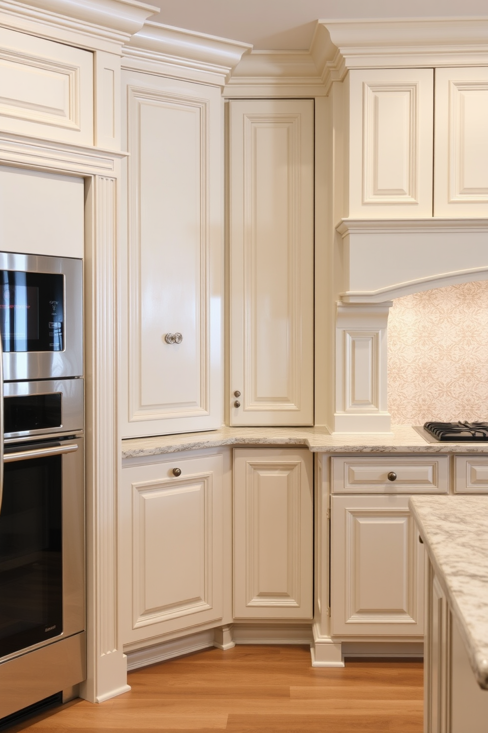 Elegant cabinetry with intricate moldings creates a timeless and sophisticated look in any kitchen. The soft color palette enhances the beauty of the detailed craftsmanship while providing a warm and inviting atmosphere.