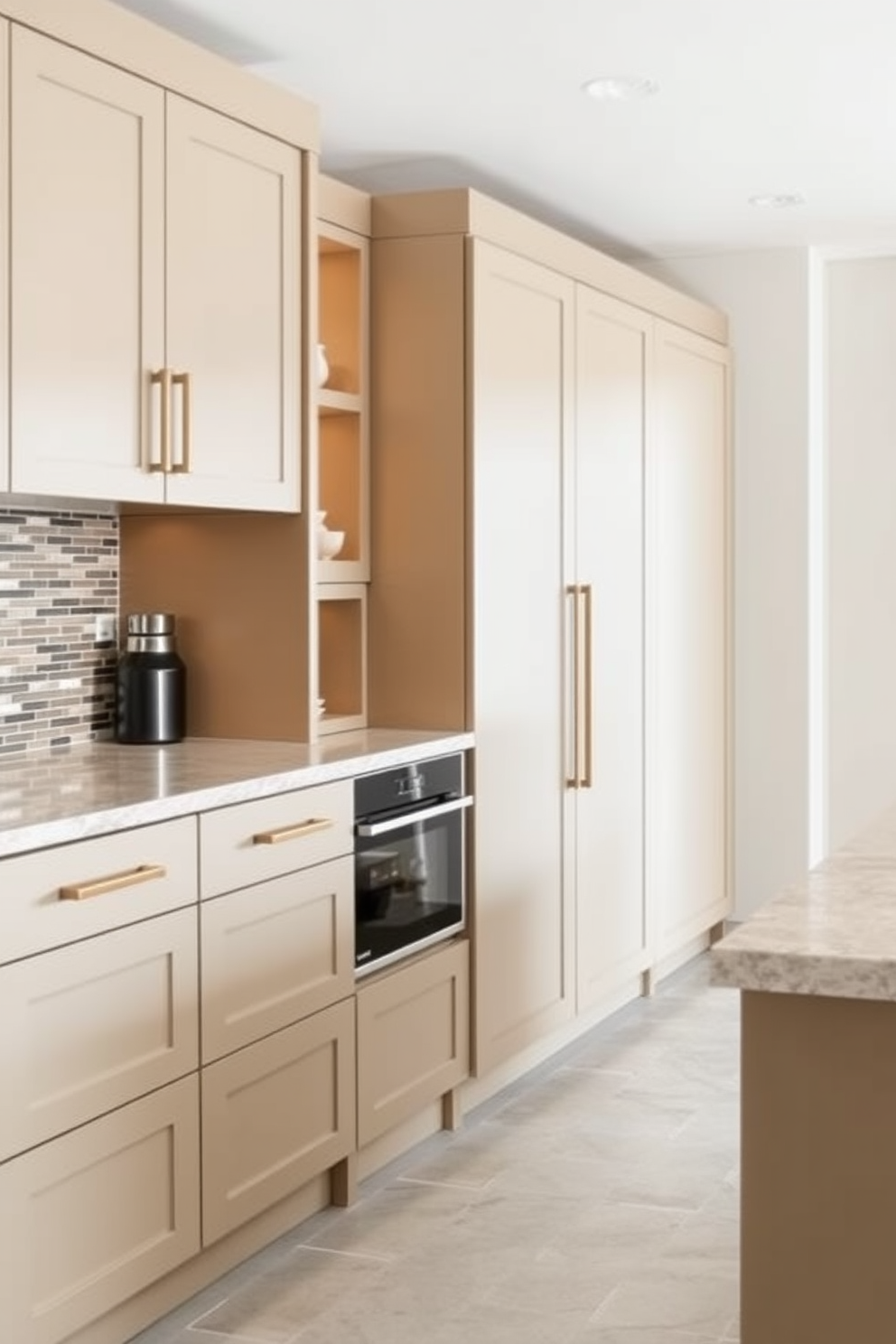 A modern kitchen featuring cabinets with built-in wine racks. The cabinets are finished in a sleek matte black with brass handles, creating a striking contrast against the white marble countertops. The wine racks are elegantly integrated into the cabinetry, showcasing an array of wine bottles. Soft LED lighting illuminates the shelves, highlighting the rich colors of the wine and enhancing the overall ambiance.