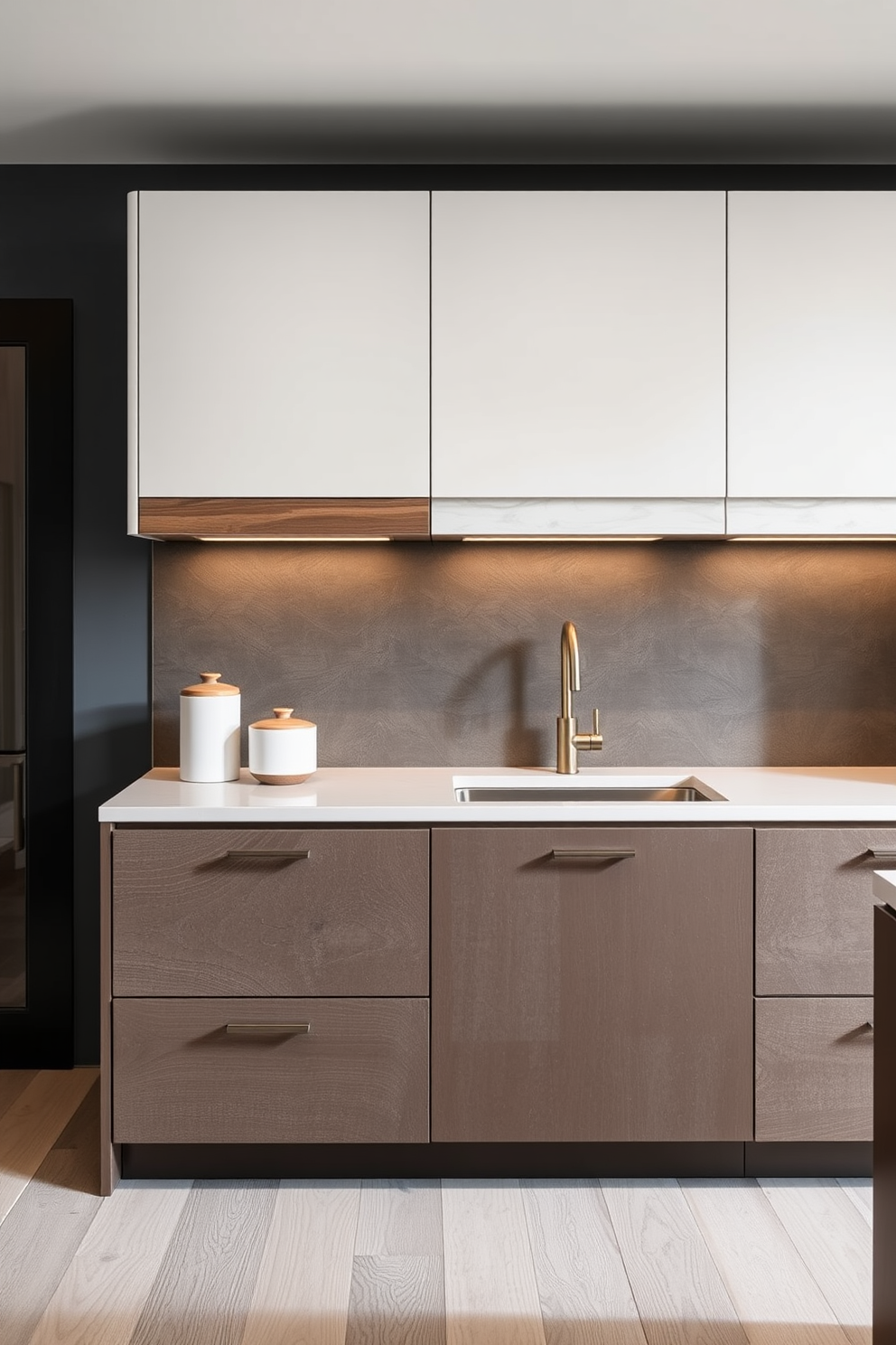 A contemporary kitchen featuring cabinets with open compartments designed for displaying decorative items. The cabinetry is finished in a soft matte white, complemented by warm wooden accents that add a touch of natural elegance.