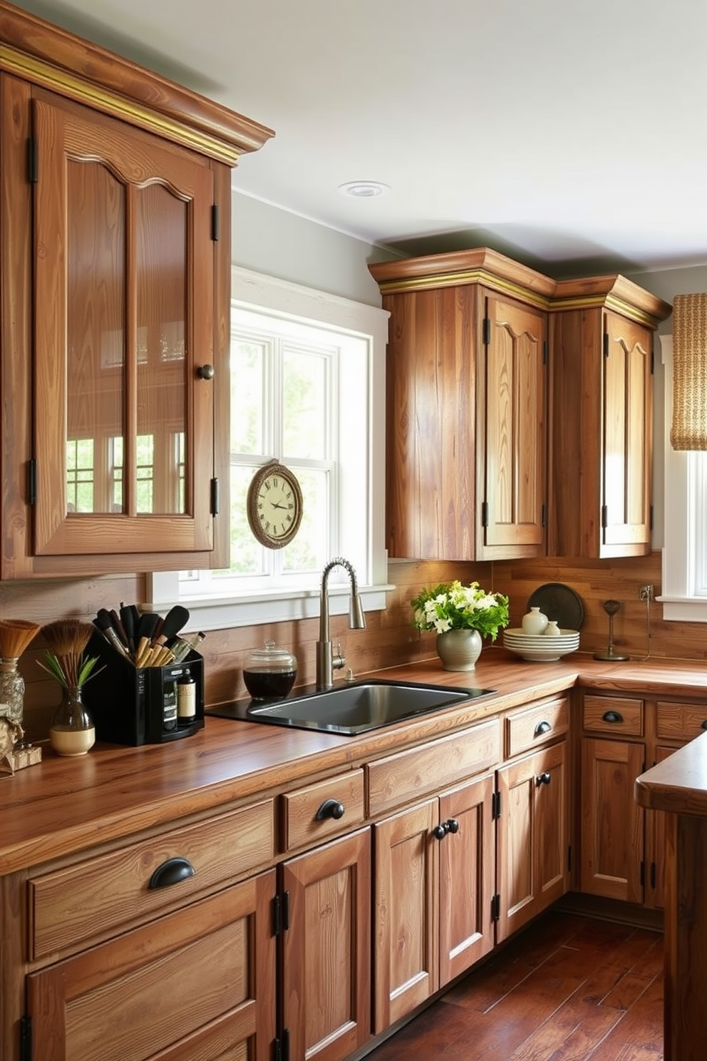 Vintage reclaimed wood cabinets add warmth and character to the kitchen. They feature intricate details and a weathered finish that enhances the rustic charm of the space.