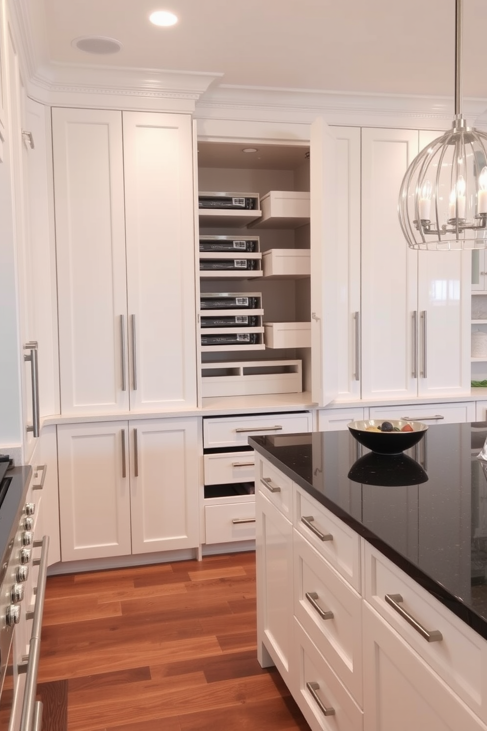 A modern kitchen featuring sleek cabinets with pull-out pantry systems for easy access and organization. The cabinetry is finished in a glossy white with brushed nickel hardware, complemented by a spacious island topped with a contrasting dark granite.