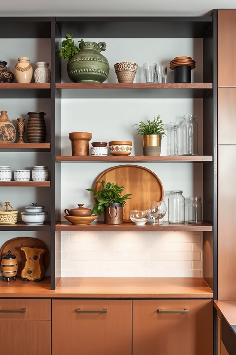 Open shelving adorned with carefully curated decorative accents creates an inviting and stylish kitchen atmosphere. The shelves feature a mix of artisanal pottery, potted herbs, and elegant glassware, harmonizing functionality with aesthetic appeal. The kitchen cabinet design showcases a blend of modern and rustic elements, with sleek cabinetry complemented by warm wooden accents. Soft, ambient lighting highlights the textures and colors, enhancing the overall warmth of the space.