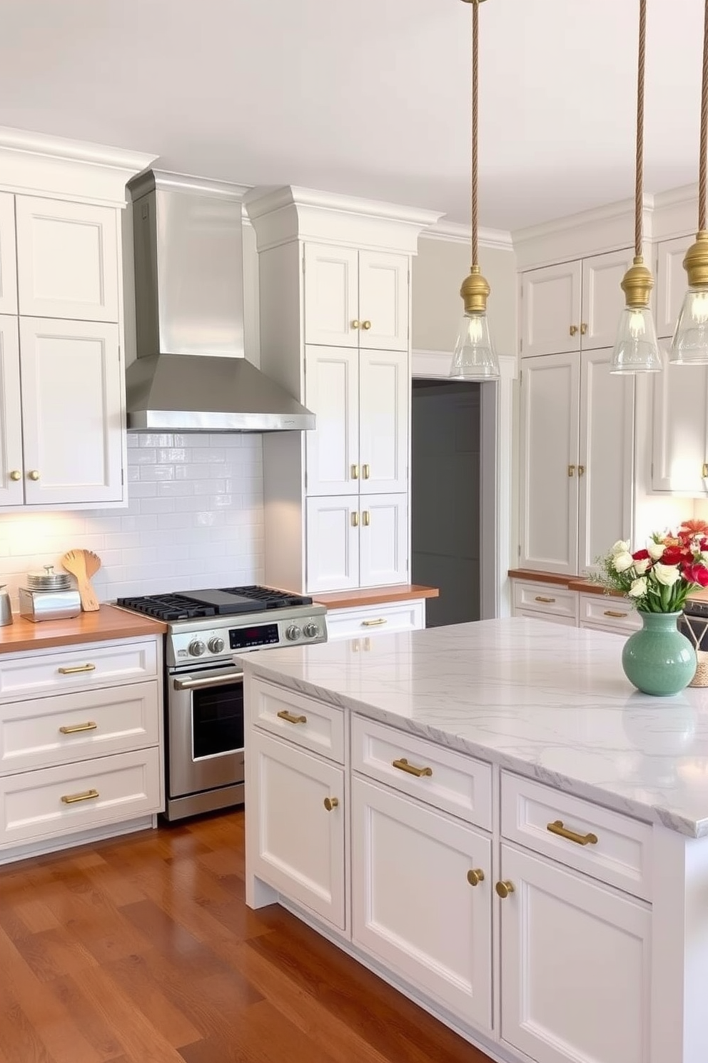 A cozy kitchen featuring shaker-style cabinets that exude timeless appeal. The cabinets are painted in a soft white hue, complemented by a warm wood countertop and brass hardware. The kitchen island is spacious and topped with a beautiful marble surface, providing ample space for meal preparation. Pendant lights hang gracefully above the island, illuminating the area with a warm glow.