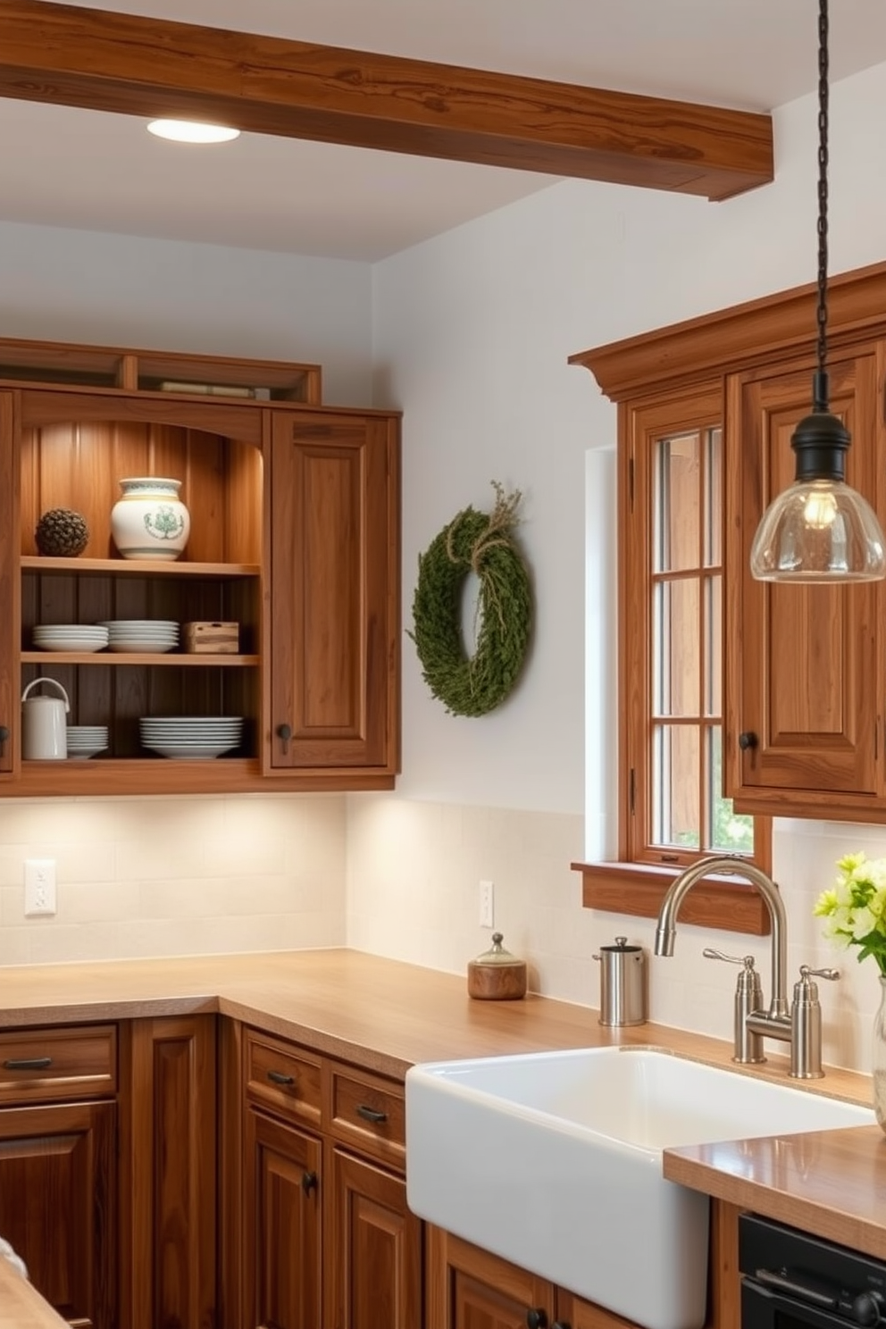 Rustic wood cabinets create a warm and inviting ambiance in the kitchen. The natural grain and rich tones of the wood enhance the overall charm and character of the space. Incorporating open shelving alongside the cabinets allows for decorative displays and easy access to frequently used items. Pairing these cabinets with a farmhouse sink and vintage-inspired fixtures completes the cozy, rustic aesthetic.