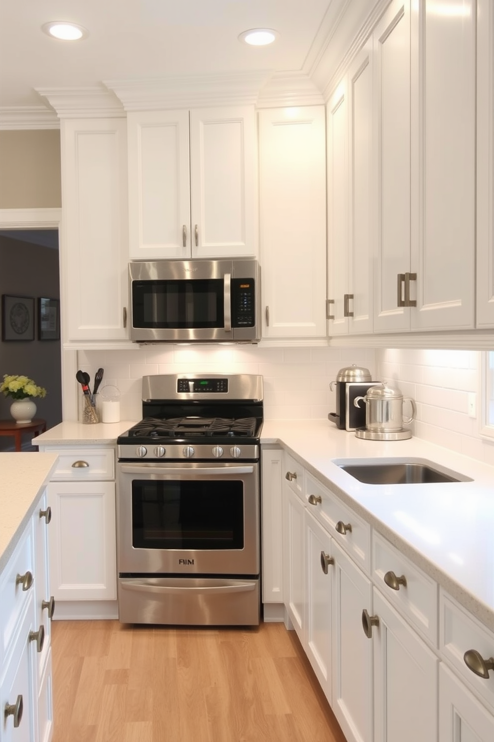 Classic white cabinets for bright spaces create an inviting and airy atmosphere in any kitchen. These cabinets are complemented by a light-colored countertop and strategically placed lighting to enhance the overall brightness of the space.