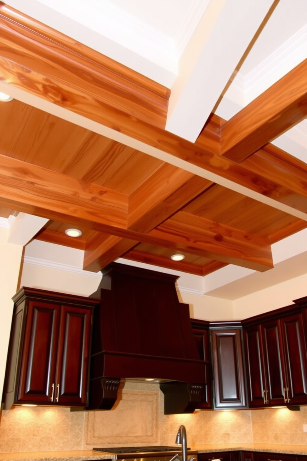 A kitchen featuring a wood beam ceiling that adds rustic charm and warmth to the space. The beams are complemented by soft, ambient lighting that enhances the inviting atmosphere.