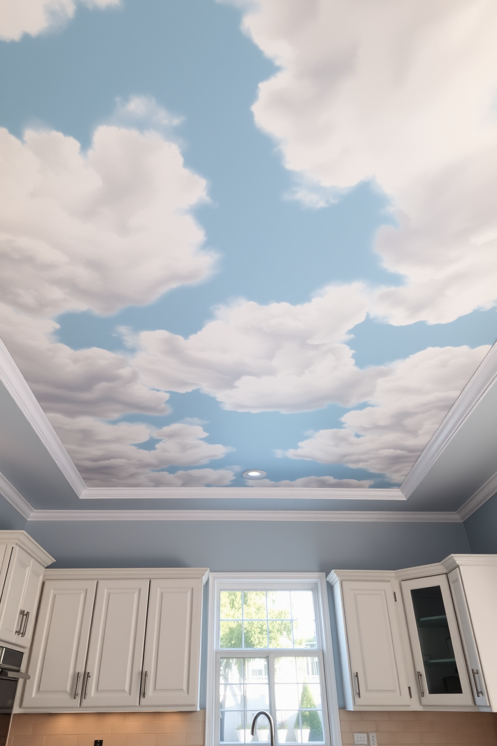 A stunning kitchen ceiling features a mural painted with soft, fluffy clouds that create an illusion of openness. The light blue backdrop enhances the airy feel of the space, complementing the modern cabinetry below.