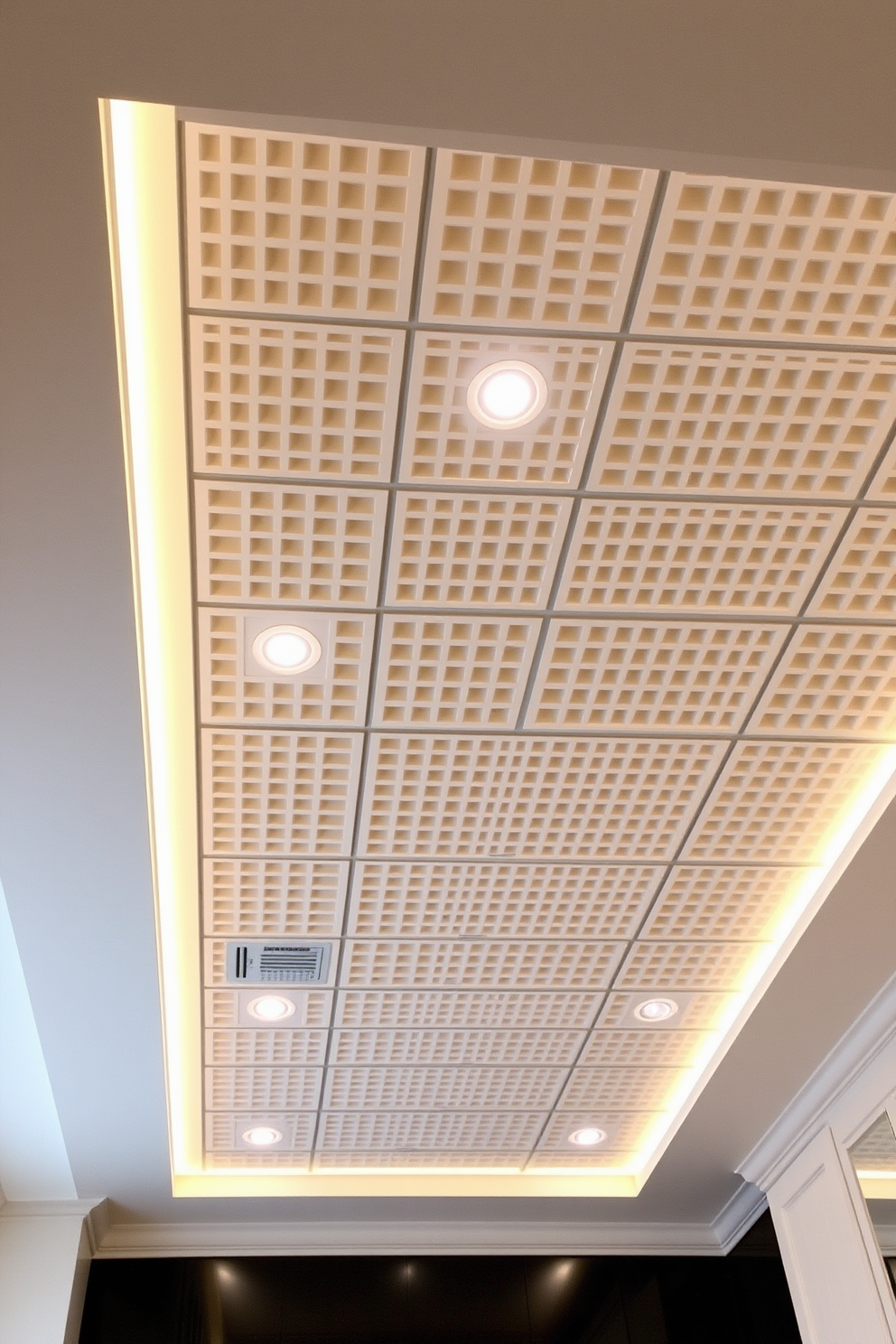 A sleek kitchen ceiling featuring a drop ceiling with a modern grid design. The grid is adorned with recessed lighting that creates a warm ambiance throughout the space.