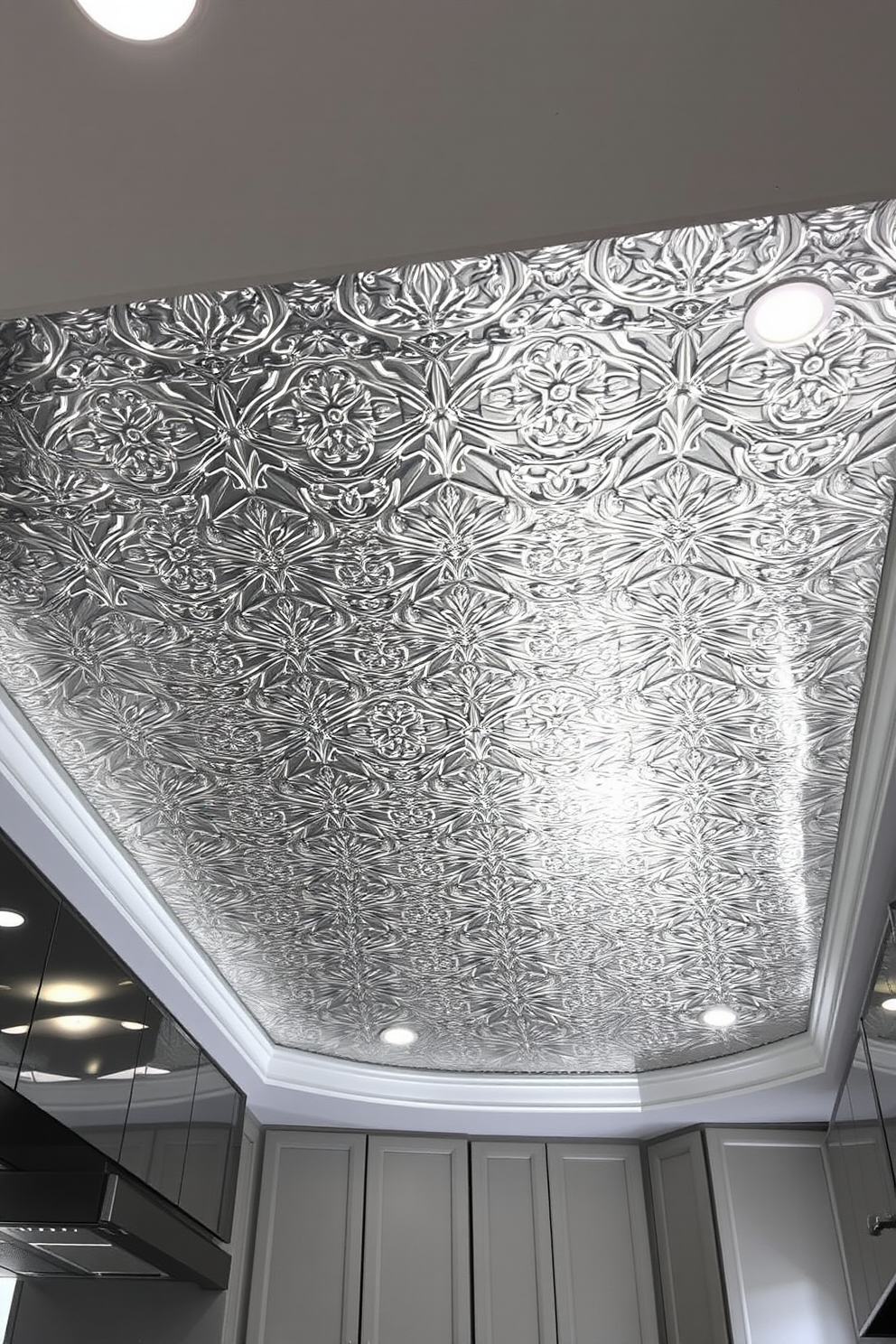 A stunning kitchen ceiling features a metallic finish that reflects light beautifully, adding a touch of glamour to the space. The ceiling is adorned with intricate geometric patterns, enhancing the modern aesthetic of the kitchen.