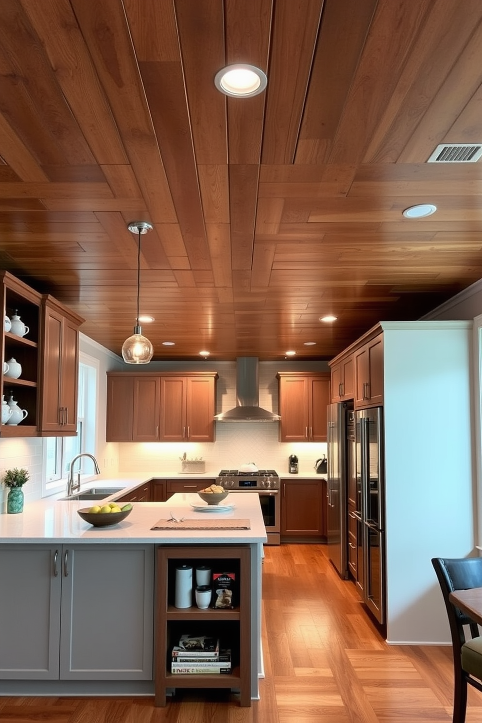 A stunning kitchen featuring a vaulted ceiling that creates a sense of openness and grandeur. The ceiling is adorned with exposed wooden beams that add warmth and character to the space. Bright pendant lights hang gracefully from the peak of the ceiling, illuminating the kitchen island below. The walls are painted in a soft white, enhancing the airy feel while contrasting with the rich wood tones of the beams.