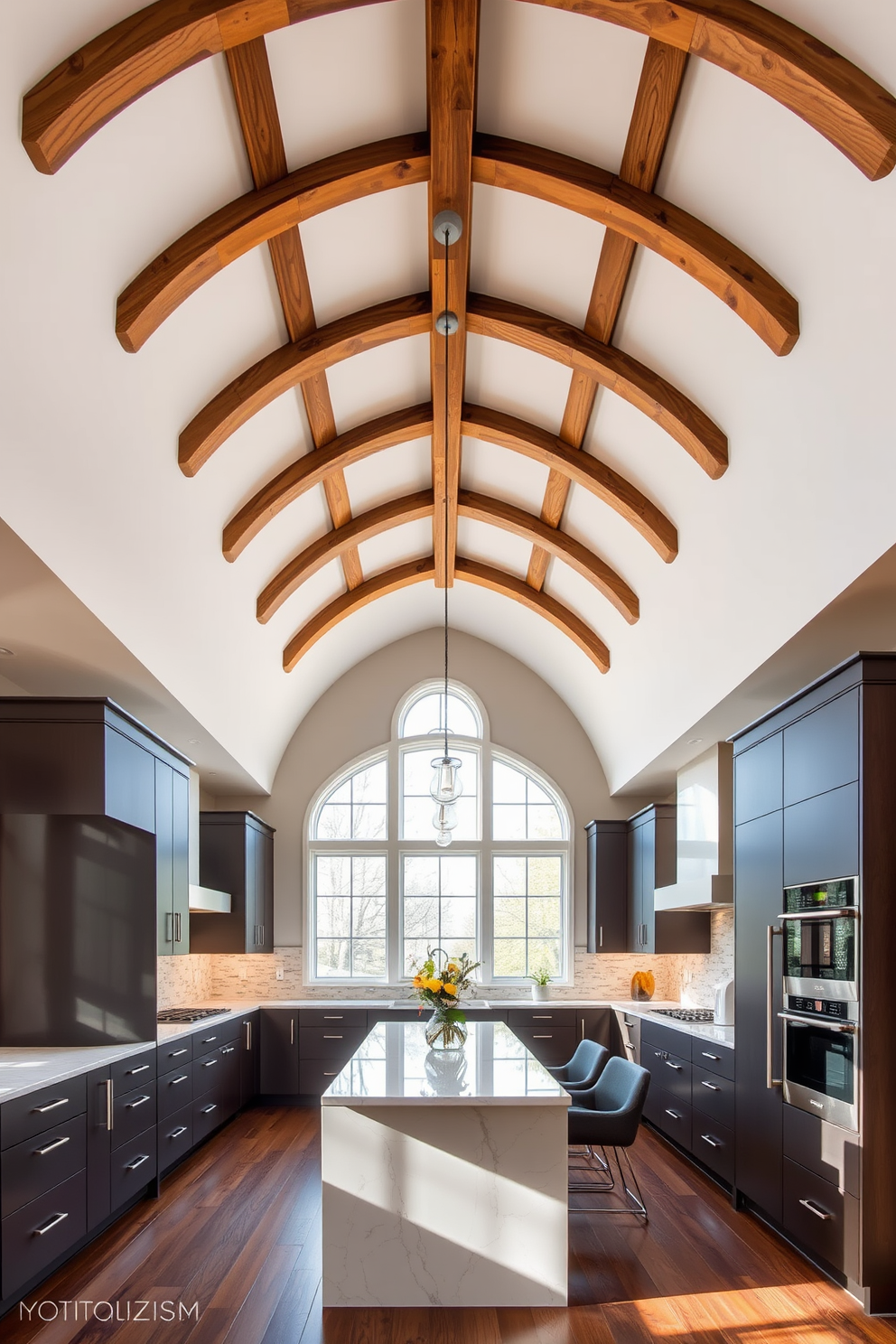 A stunning kitchen with an arched ceiling that showcases elegant curves. The ceiling features exposed wooden beams that add warmth and character to the space. Natural light floods the room through large windows, highlighting the sleek cabinetry and modern appliances. A stylish island with bar seating serves as the focal point, perfect for entertaining guests.