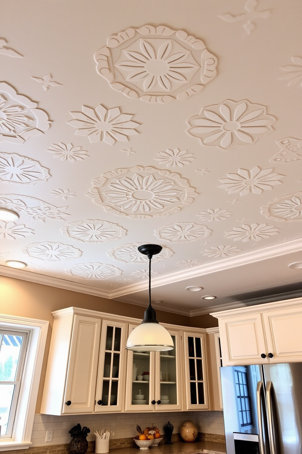 A creative kitchen ceiling design featuring intricate stenciled patterns that add depth and visual interest. The stencils incorporate a mix of geometric shapes and floral motifs in soft pastel colors to complement the overall kitchen decor.