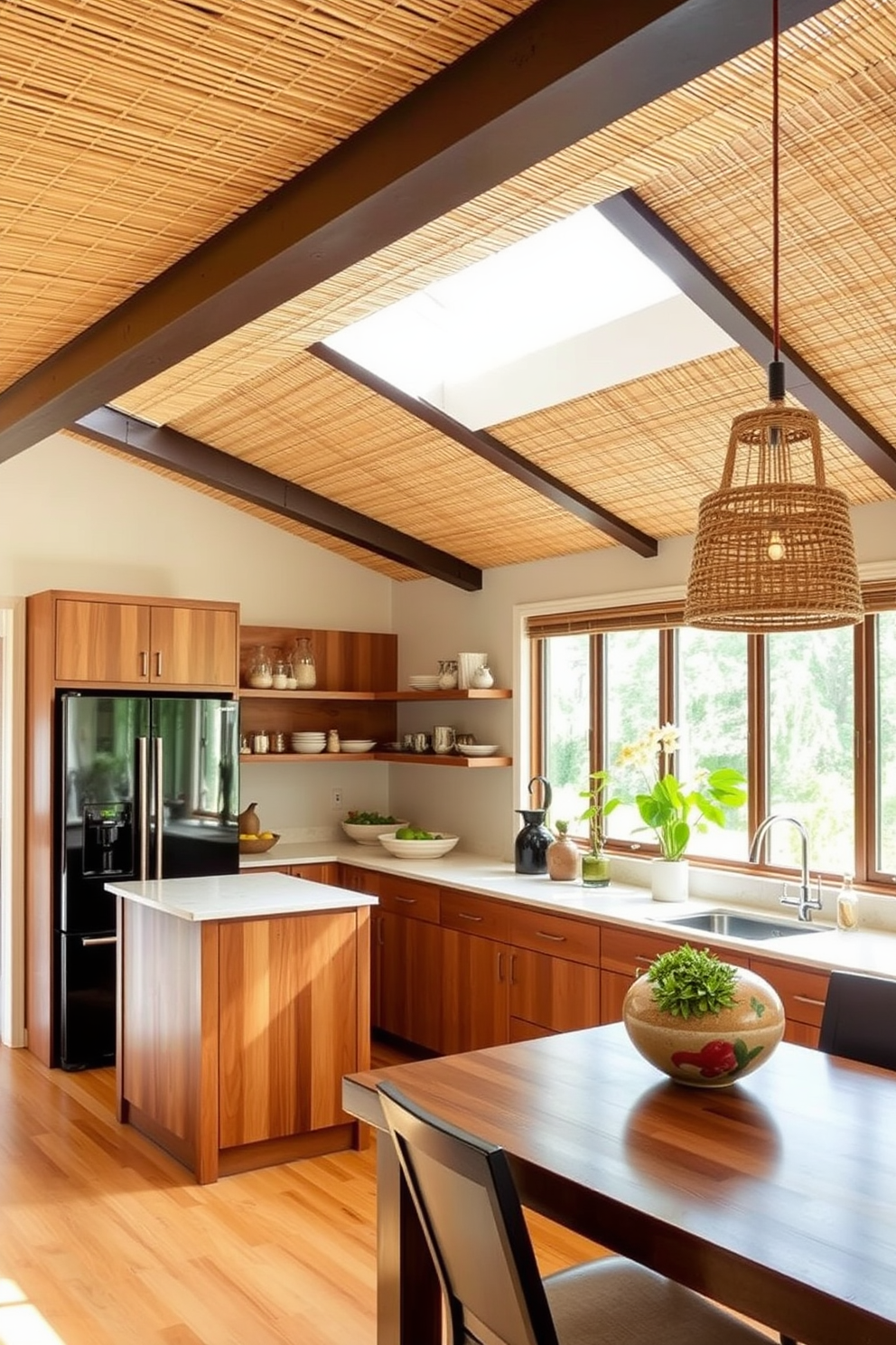 A woven bamboo ceiling adds a natural and eco-friendly touch to the kitchen. This design creates a warm and inviting atmosphere while enhancing the overall aesthetic of the space.