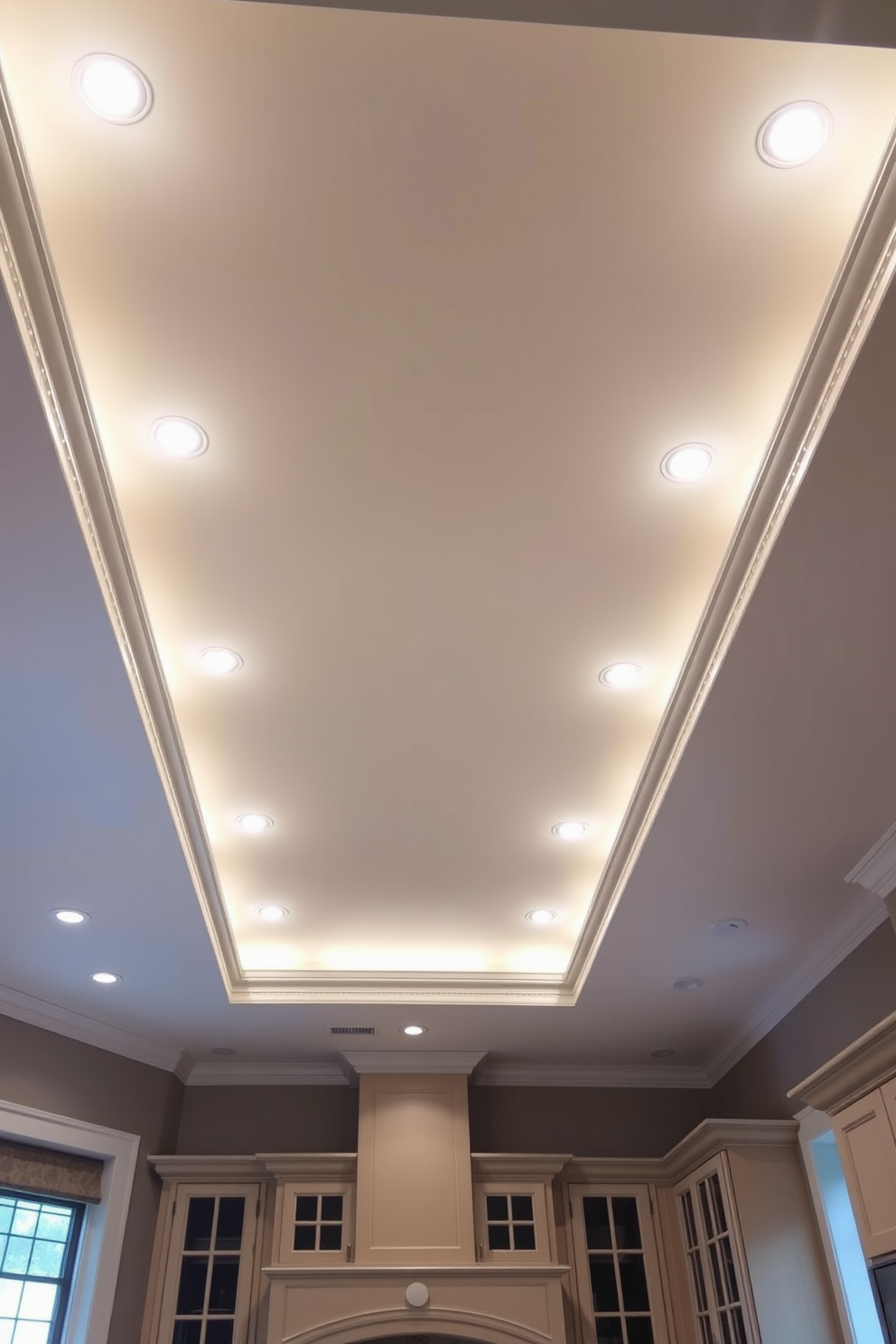 A stunning kitchen features a tray ceiling adorned with recessed lighting that creates a warm and inviting atmosphere. The elegant crown molding adds a touch of sophistication while the soft glow from the lights highlights the beautiful cabinetry below.